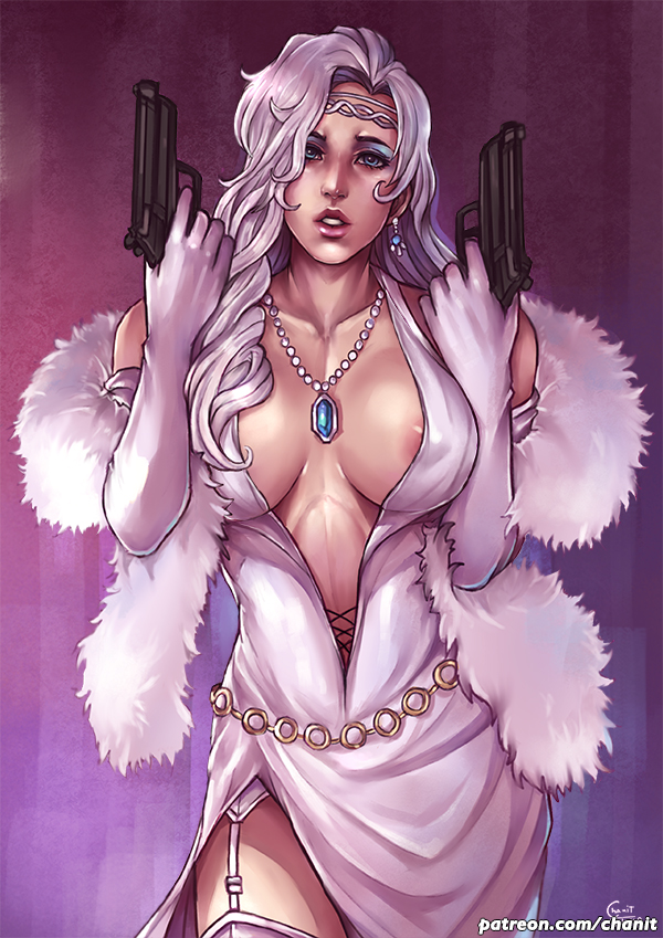 1girls, areola, blue eyes, breasts, cleavage, covering nipples, curvy, dress, eyeshadow, female, female only, garter straps, gauntlets, guns, hourglass figure, huge breasts, kachima, lipstick, makeup, marvel, marvel comics, no bra, silver dress, silver hair, silver sable, silver sablinova, skirt, spider-man (series), weapon