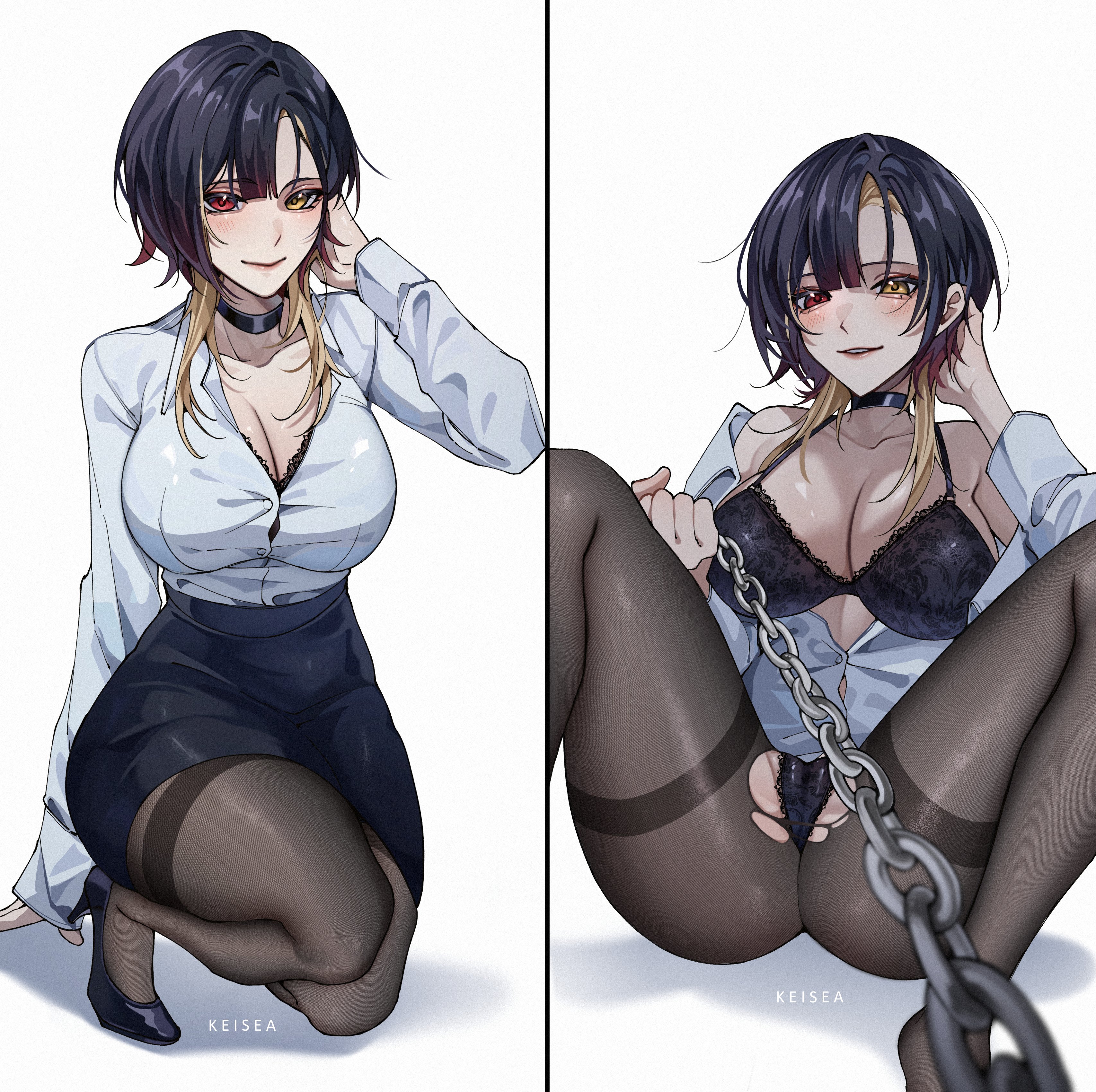 1girls, 2koma, black bra, black heels, black panties, blush, bra, breasts, chain leash, chains, clothed, clothing, female, female only, femdom, heels, heterochromia, kannagi loki, keisea, keiseeaaa, large breasts, leashed pov, legwear, light skin, light-skinned female, panties, pantyhose, phase connect, phase connect jp, phase kaleido, pov, red eye, ripped clothing, ripped pantyhose, shirt, skirt, solo, torn clothes, torn pantyhose, unbuttoned, unbuttoned shirt, viewer pov, virtual youtuber, yellow eye