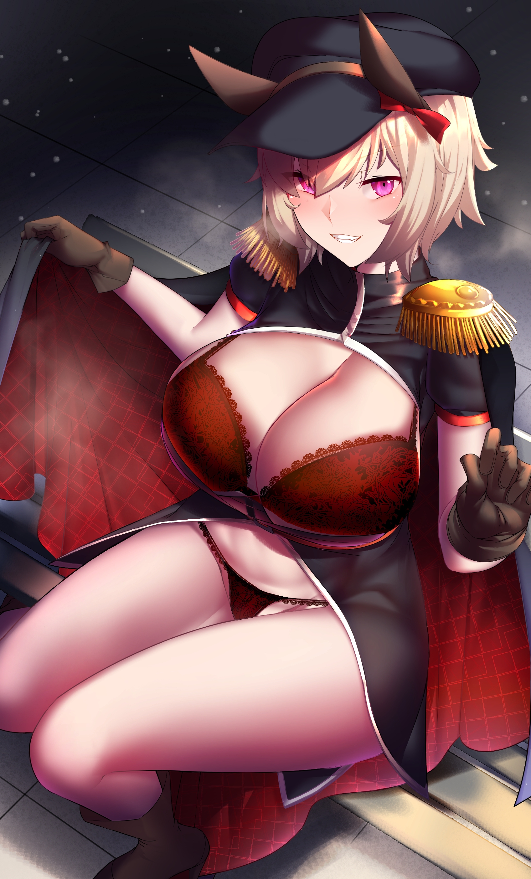 1girls, bare legs, big breasts, bigshine000, black gloves, blush, breasts, cleavage, curren chan (umamusume), female, female only, high heel boots, high heels, horse ears, horse girl, huge breasts, lace bra, lace trim, lace-trimmed panties, light skin, light-skinned female, looking at viewer, military cap, military uniform, naughty face, panties, pink eyes, red bra, short hair, short sleeves, smile, smug grin, solo, transparent clothing, umamusume, umamusume pretty derby, white hair
