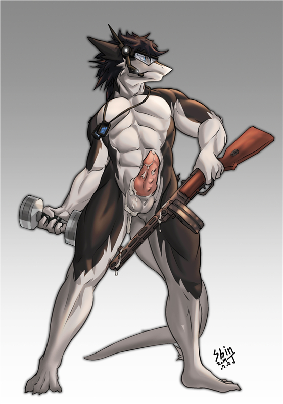 aircraft airplane anthro barb black_fur black_hair blue_eyes clothing cum discordnight dumbbell fur gun hair hi_res jet knot male male_only military multicolored_fur penis ranged_weapon sergal shinjody soldier solo toga visor weapon weights white_fur