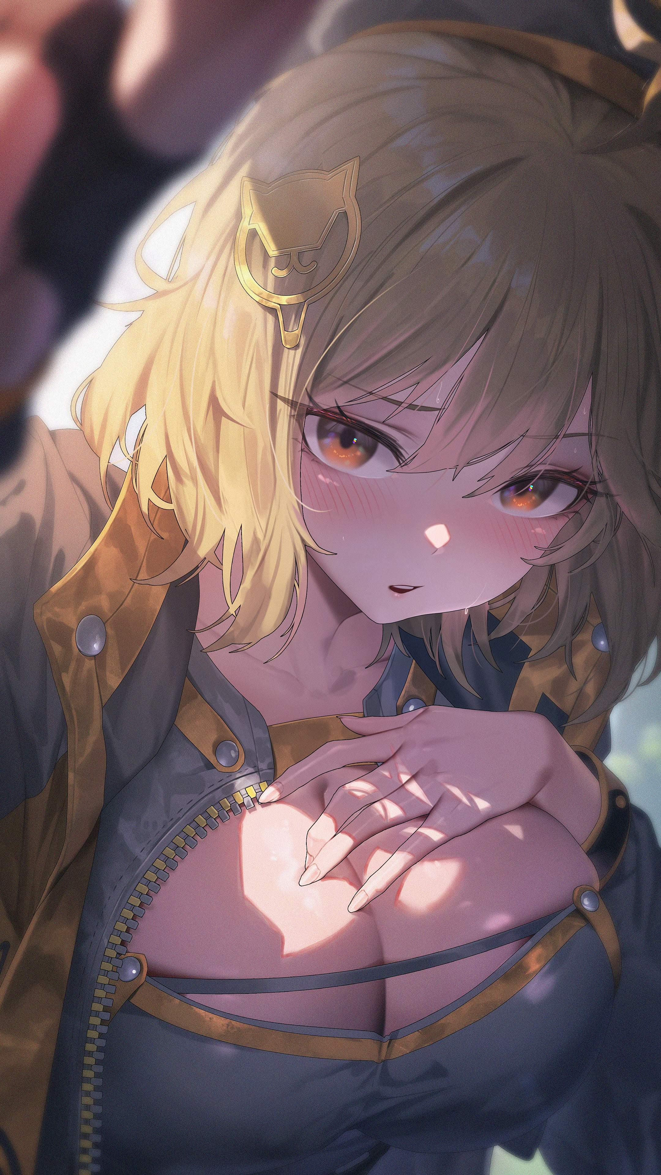 1girls, absurdres, anis (nikke), blurry, blush, breasts, brown eyes, brown hair, cleavage, close-up, commentary request, depth of field, female, female only, goddess of victory: nikke, grey shirt, hair between eyes, hand on own chest, highres, jacket, large breasts, long hair, looking at viewer, open clothes, open jacket, open mouth, outstretched arm, shirt, solo, sushispin, teeth, upper body, upper teeth only