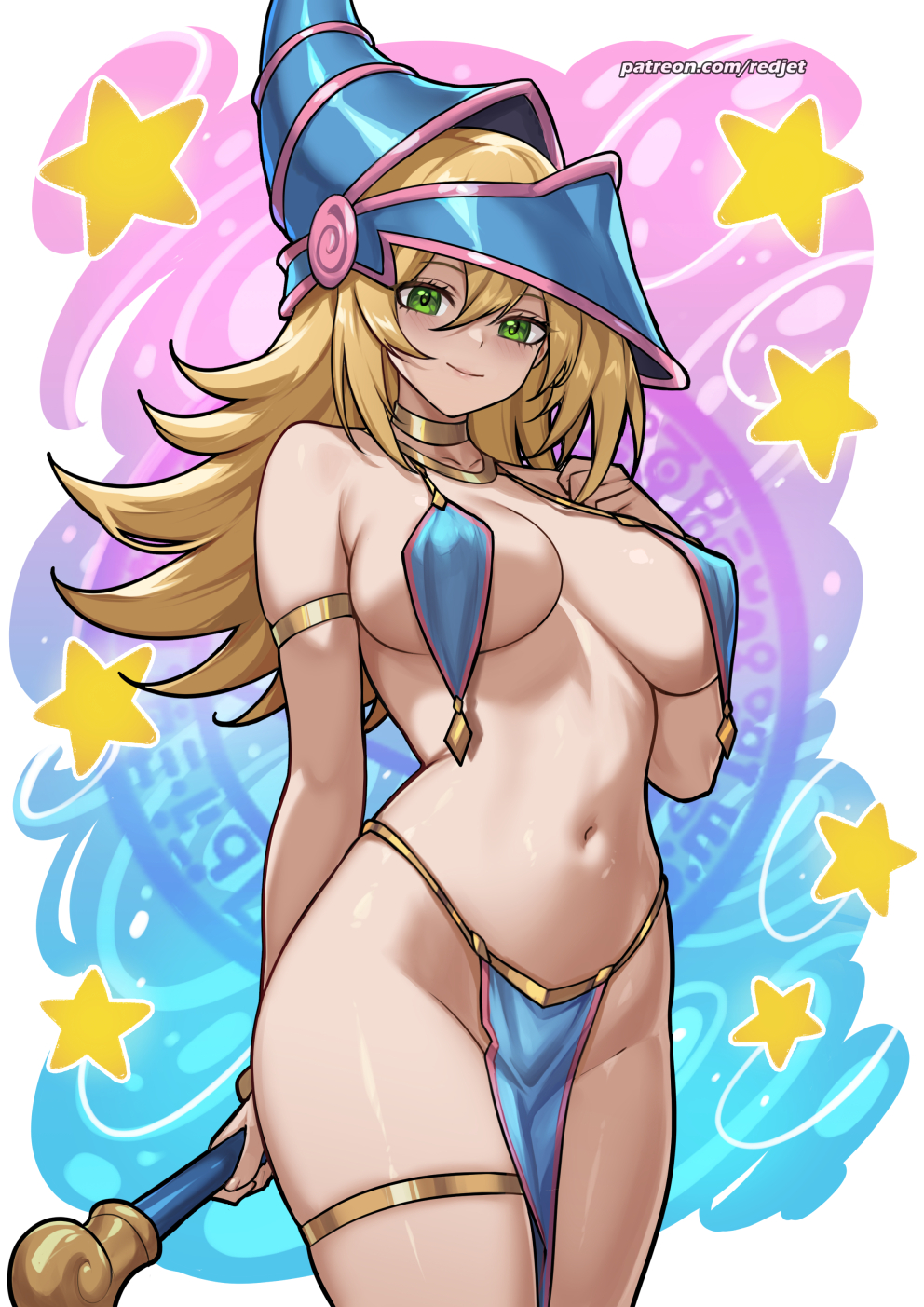1girls, blonde hair, breasts, cleavage, commentary, cowboy shot, dark magician girl, duel monster, english commentary, female, female only, fringe, gold jewelry, gold thighlet, green eyes, harem outfit, hat, highres, holding, holding staff, jewelry, konami, large breasts, loincloth, long hair, looking at viewer, navel, patreon, pelvic curtain, pentagram, pose, redjet, revealing clothes, skimpy clothes, smile, solo, staff, standing, thick thighs, thighlet, thighs, wizard hat, yu-gi-oh!, yu-gi-oh! duel monsters