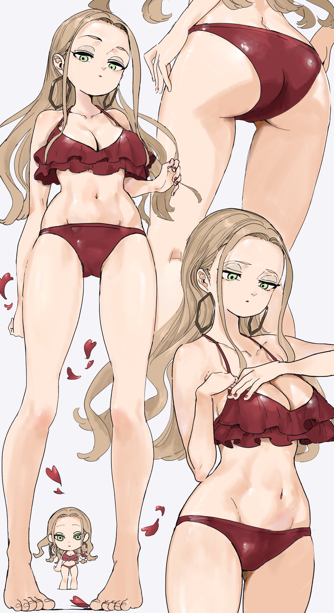 1girls, adjusting swimsuit, ass, bikini, breasts, cleavage, earrings, emotionless, emotionless female, female, female focus, female only, light skin, light-skinned female, long hair, multiple angles, nintendo, oleana (pokemon), pokemon, pokemon ss, red bikini, red swimsuit, solo, standing, sukoyaka tsukasa, swimsuit