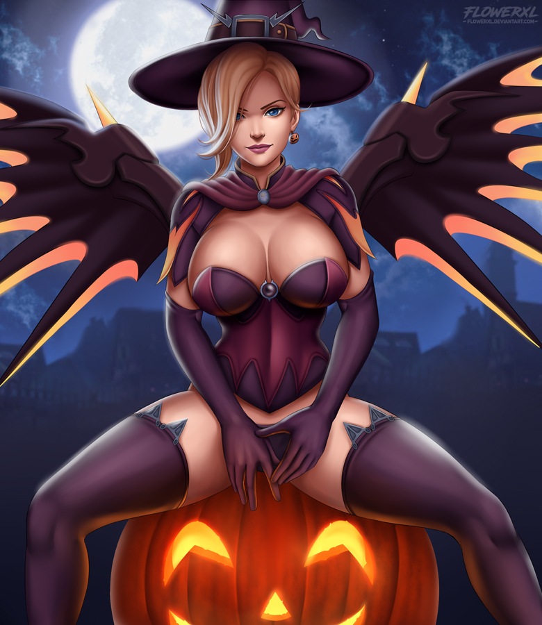 1girls, alternate costume, big breasts, blonde hair, blue eyes, breasts, city background, cleavage, female, female only, flowerxl, halloween, large breasts, mercy, moonlight, night, overwatch, panties, pinup, solo, spread legs, thighhighs, video game character, witch hat, witch mercy