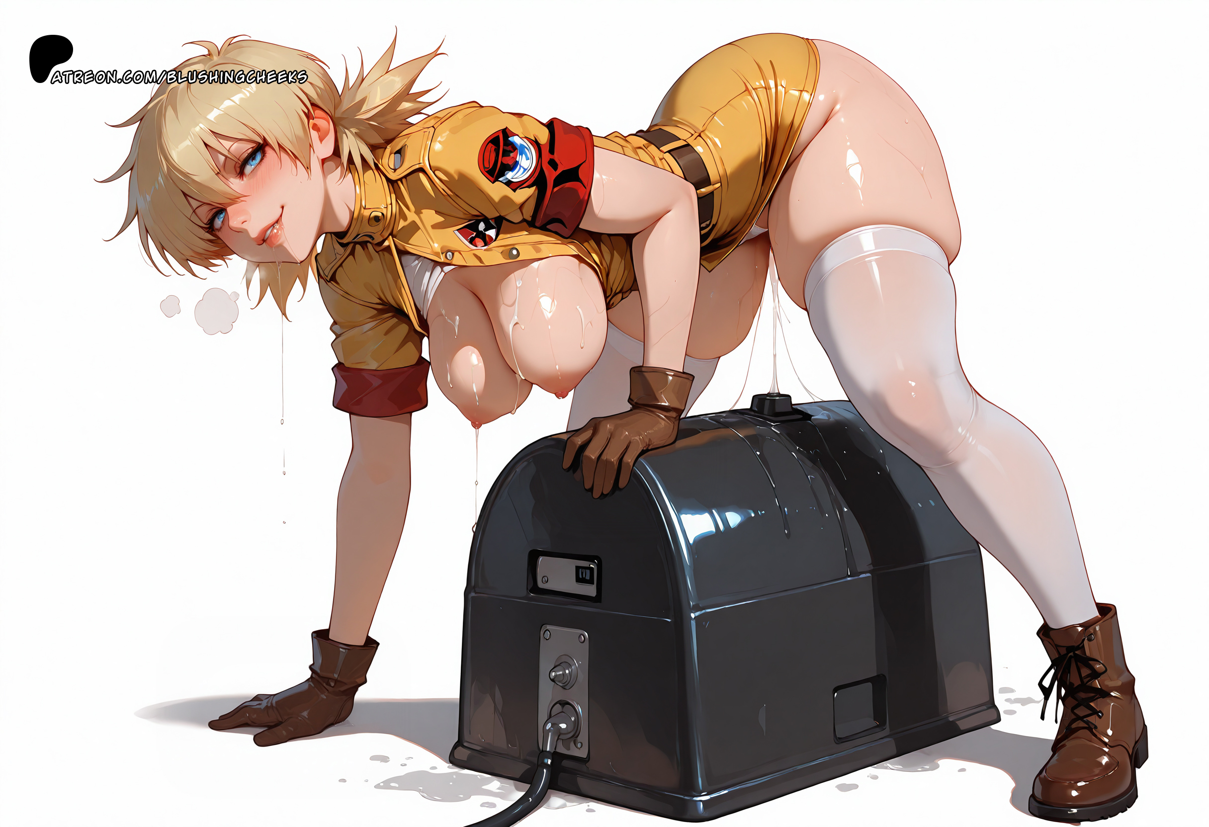 ai generated, assertive female, bent over, blushingcheeks, breasts out, cum on breasts, curvy, drooling, gloves, hanging breasts, heavy breathing, hellsing, in heat, leaning forward, looking at viewer, medium breasts, military uniform, miniskirt, on side, open shirt, panties aside, pencil skirt, pussy juice, pussy juice drip, saliva, seras victoria, skindentation, skirt lift, sybian, thick thighs, uniform, white panties, white thighhighs