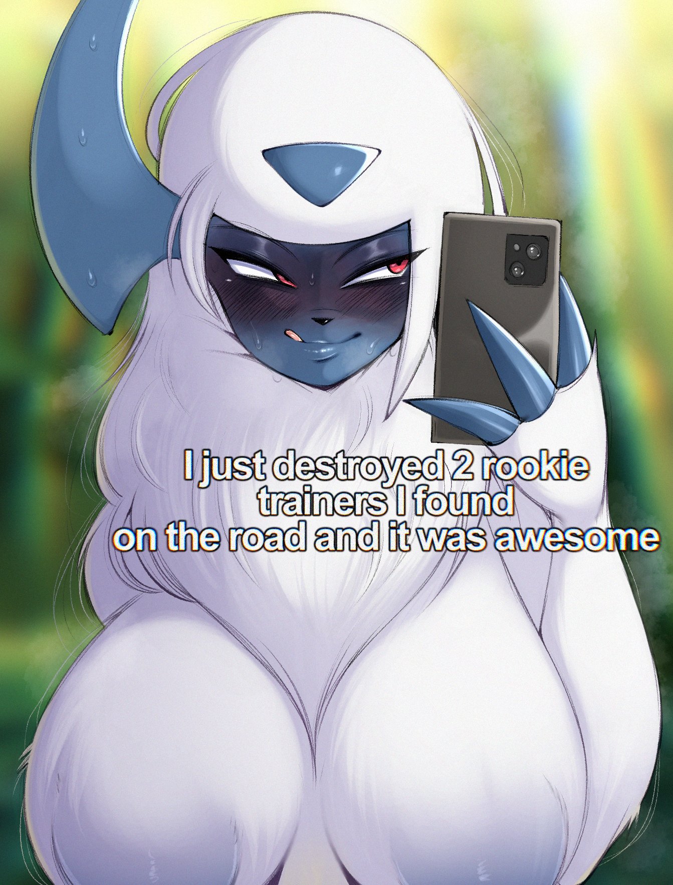 :q, 1girls, 3girls, absol, anthro, big breasts, blush, english text, featureless breasts, female, female only, fur, furry, generation 3 pokemon, heavy blush, hi res, looking away, naughty face, nintendo, phone, pokemon, pokemon (species), red eyes, saltyxodium, smiling, snapchat, solo, solo focus, text, white fur, white hair