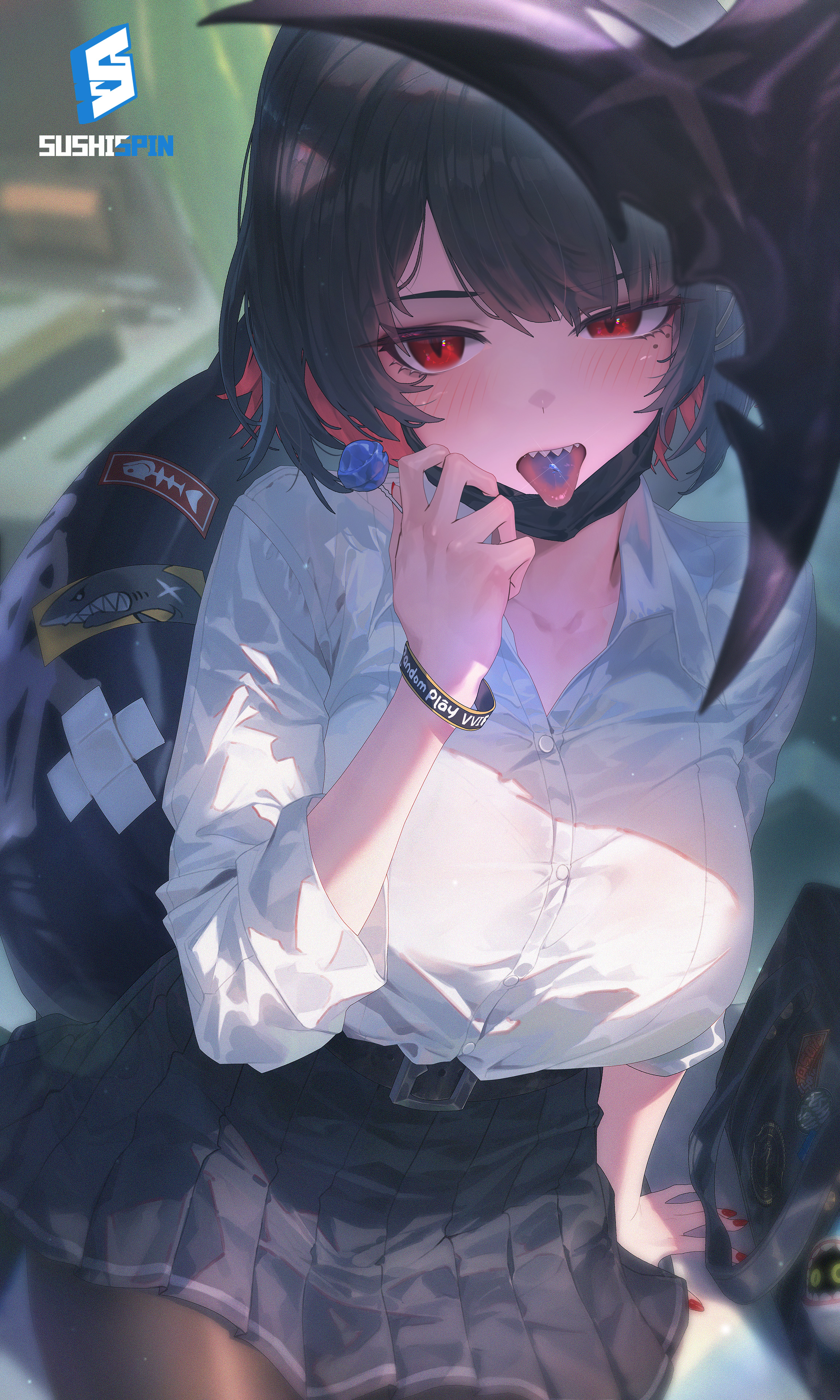 1girls, absurdres, artist name, black hair, black pantyhose, black skirt, breasts, candy, colored nails, commentary request, ellen joe, ellen joe (on campus), female, female only, fins, fish tail, food, highres, holding, holding candy, holding food, holding lollipop, large breasts, lollipop, looking at viewer, mask, mask pull, mouth mask, painted nails, pantyhose, pleated skirt, red eyes, shark girl, shark tail, shirt, sitting, skirt, solo, sushispin, tail, tongue, tongue out, white shirt, zenless zone zero