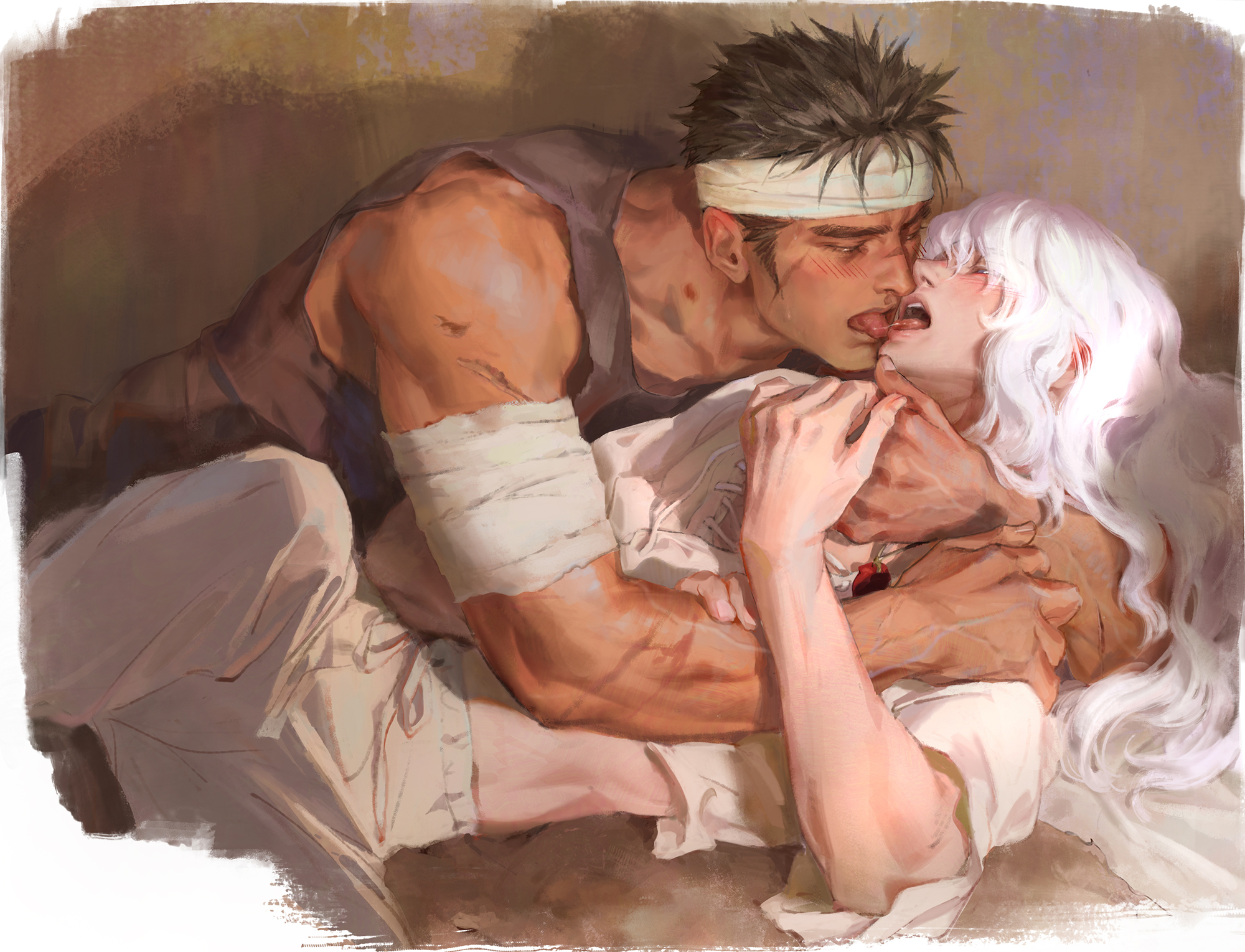 2025, 2boys, bara, berserk, black hair, femboy, femboy penetrated, gay, gay sex, griffith, guts (berserk), highres, intense orgasm, intense sex, kissing, long hair, long-haired male, male, male on femboy, male penetrating, male penetrating femboy, masculine male, muscular, muscular male, orgasm, painting (artwork), penetration, rough sex, sex, short hair, size difference, terribleaunt, tongue, twink, twink penetrated, white hair, yaoi