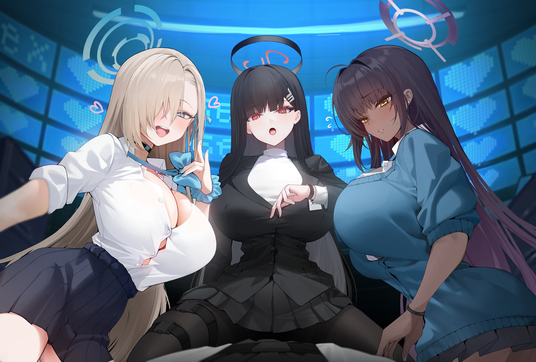 :d, 3girls, asuna (blue archive), asuna (school uniform) (blue archive), asymmetrical bangs, bad id, bad twitter id, black choker, black hair, black jacket, blue archive, blue cardigan, blue eyes, blunt bangs, breasts, cardigan, choker, cleavage, commentary request, dark skin, dark-skinned female, female, female only, flying sweatdrops, grey hair, hair over one eye, halo, heart, highres, huge breasts, jacket, karin (blue archive), karin (school uniform) (blue archive), large breasts, long hair, long sleeves, looking at viewer, monitor, multiple girls, open mouth, pleated skirt, red eyes, rio (blue archive), school uniform, scrunchie, shirt, short sleeves, sketch, skirt, smile, turtleneck, white shirt, wrist scrunchie, xiujia yihuizi, yellow eyes
