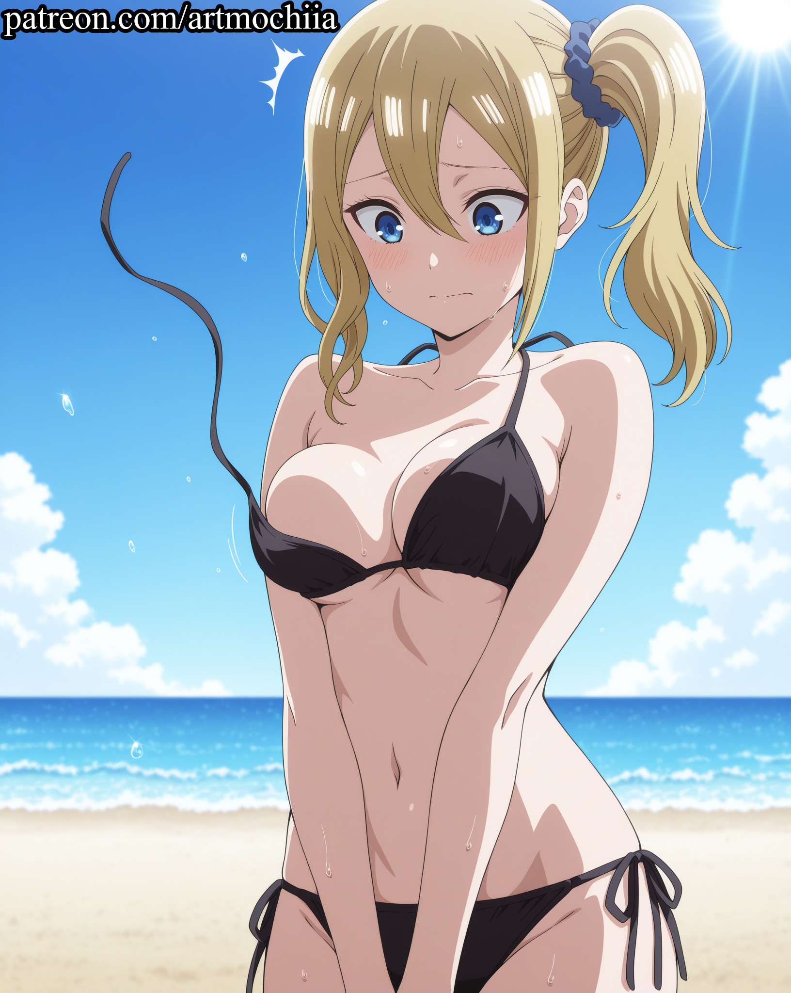 ^^^, ai generated, anime, artmochiia, beach, bikini, black bikini, blonde hair, blue eyes, blue scrunchie, blue sky, blush, breasts, cloud, cloudy sky, cowboy shot, day, female, hair between eyes, hair ornament, hair scrunchie, hayasaka ai, horizon, kaguya-sama wa kokurasetai ~tensai-tachi no renai zunousen~, lens flare, looking at viewer, medium breasts, navel, ocean, outdoors, sand, scrunchie, shore, side ponytail, side-tie bikini, sidelocks, sky, solo, sun, sunlight, sweat, swimsuit, voluptuous, voluptuous female, water