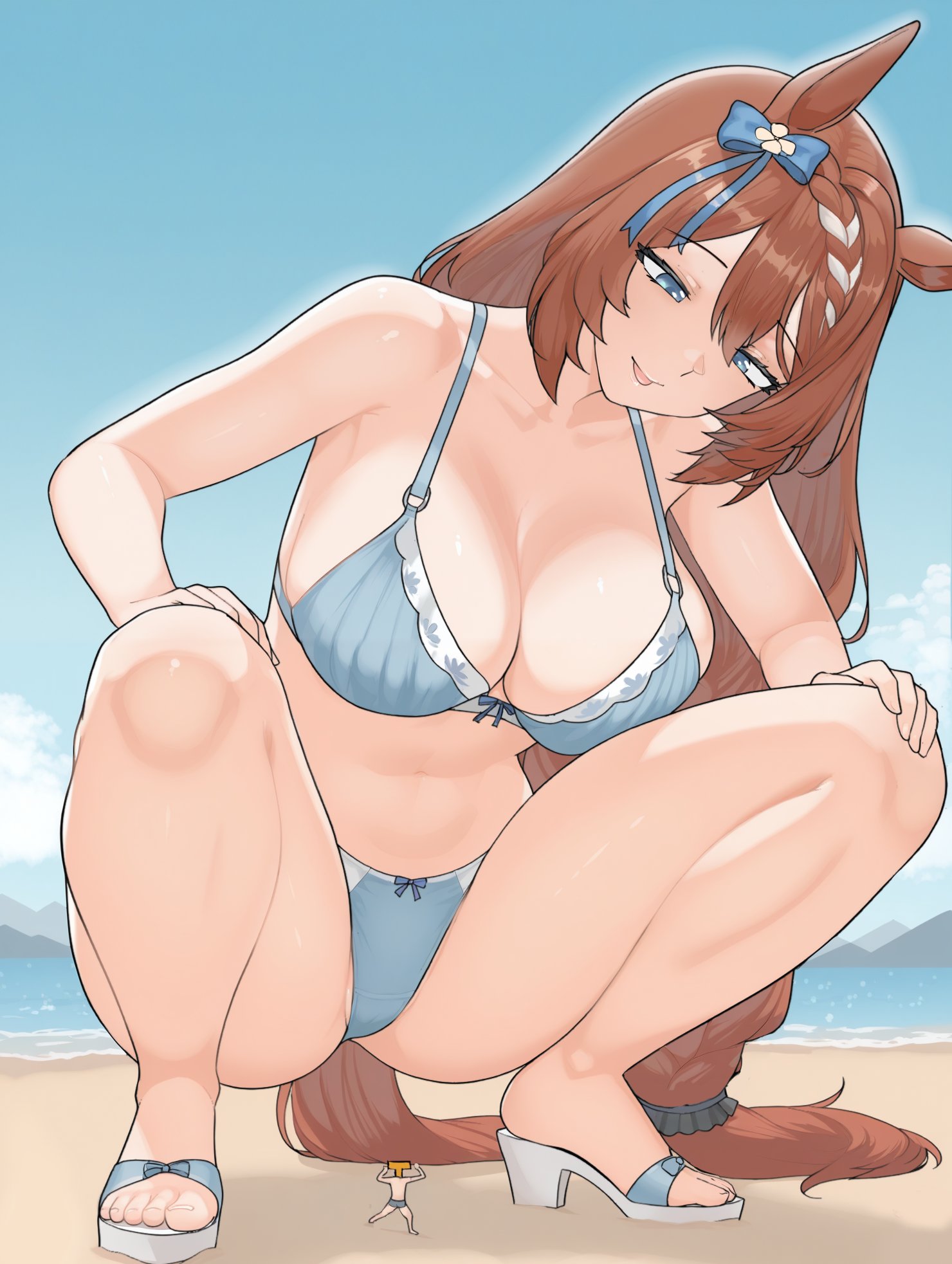 1boy, 1girls, 2d, 2d (artwork), big breasts, bikini, breasts, brown hair, brown hair female, brunette hair, extreme size difference, giantess, godon146, light skin, light-skinned female, size difference, squatting, super creek (umamusume), swimsuit, swimwear, trainer (umamusume), umamusume, umamusume pretty derby