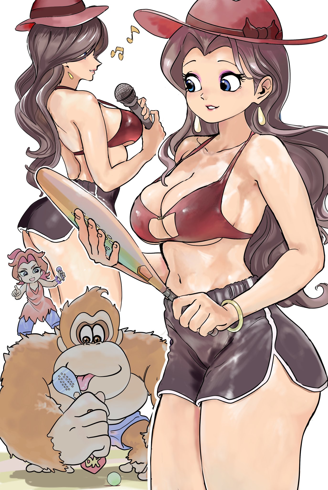 1girls, adult female, black short shorts, black shorts, breasts, cleavage, dolphin shorts, donkey kong, donkey kong (series), donkey kong bananza, female, hat, holding object, light-skinned female, long hair, mario tennis, mature female, microphone, nintendo, no shirt, pauline, pauline (mario), red bikini top, red bra, red hat, shorts, sukoyaka tsukasa, tennis racket
