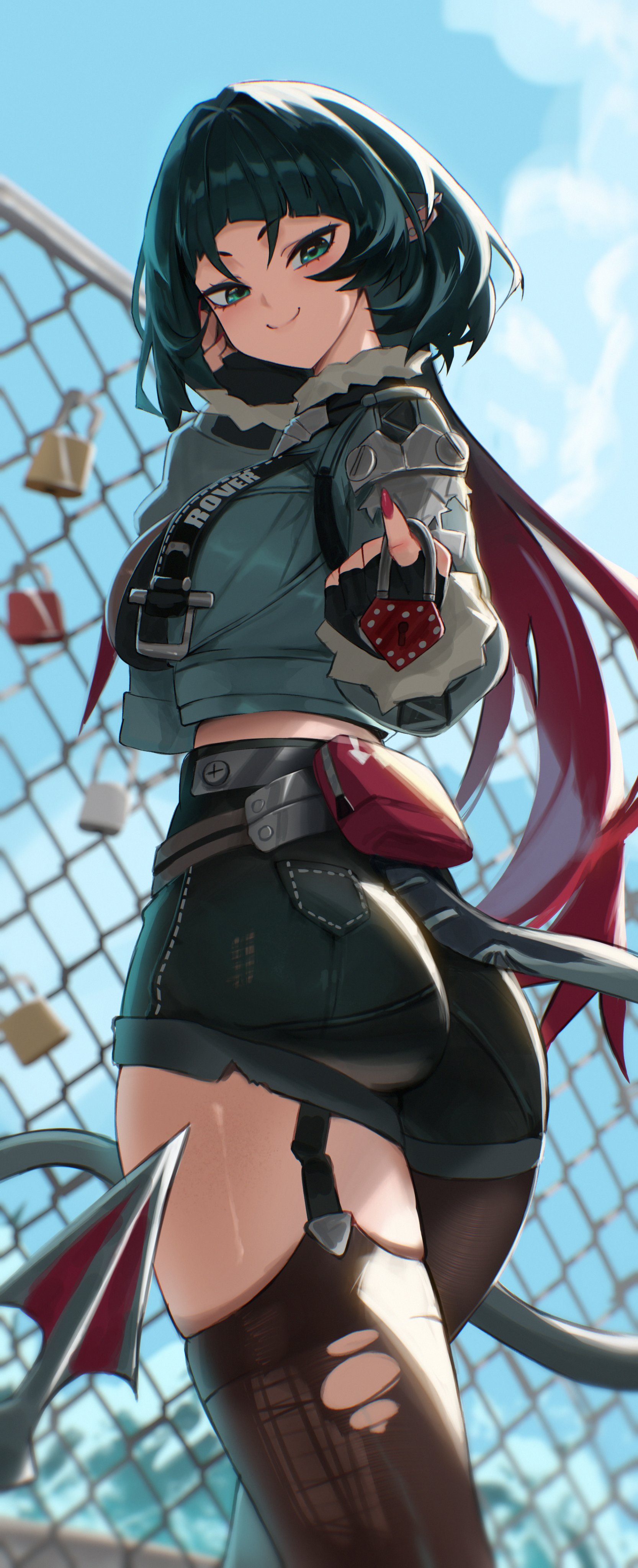 1girls, absurdres, animal ears, ass, black gloves, black hair, black pantyhose, black shorts, black thighhighs, blue sky, breasts, commentary, crop top, english commentary, female, female only, fingerless gloves, from side, gloves, green eyes, green jacket, high-waist shorts, highres, hirosenpai, jacket, jane doe (zenless zone zero), large breasts, long hair, mouse ears, mouse girl, mouse tail, multicolored hair, pantyhose, red hair, red nails, shorts, single leg pantyhose, single thighhigh, sky, solo, tail, thighhighs, thighs, torn clothes, torn thighhighs, two-tone hair, zenless zone zero