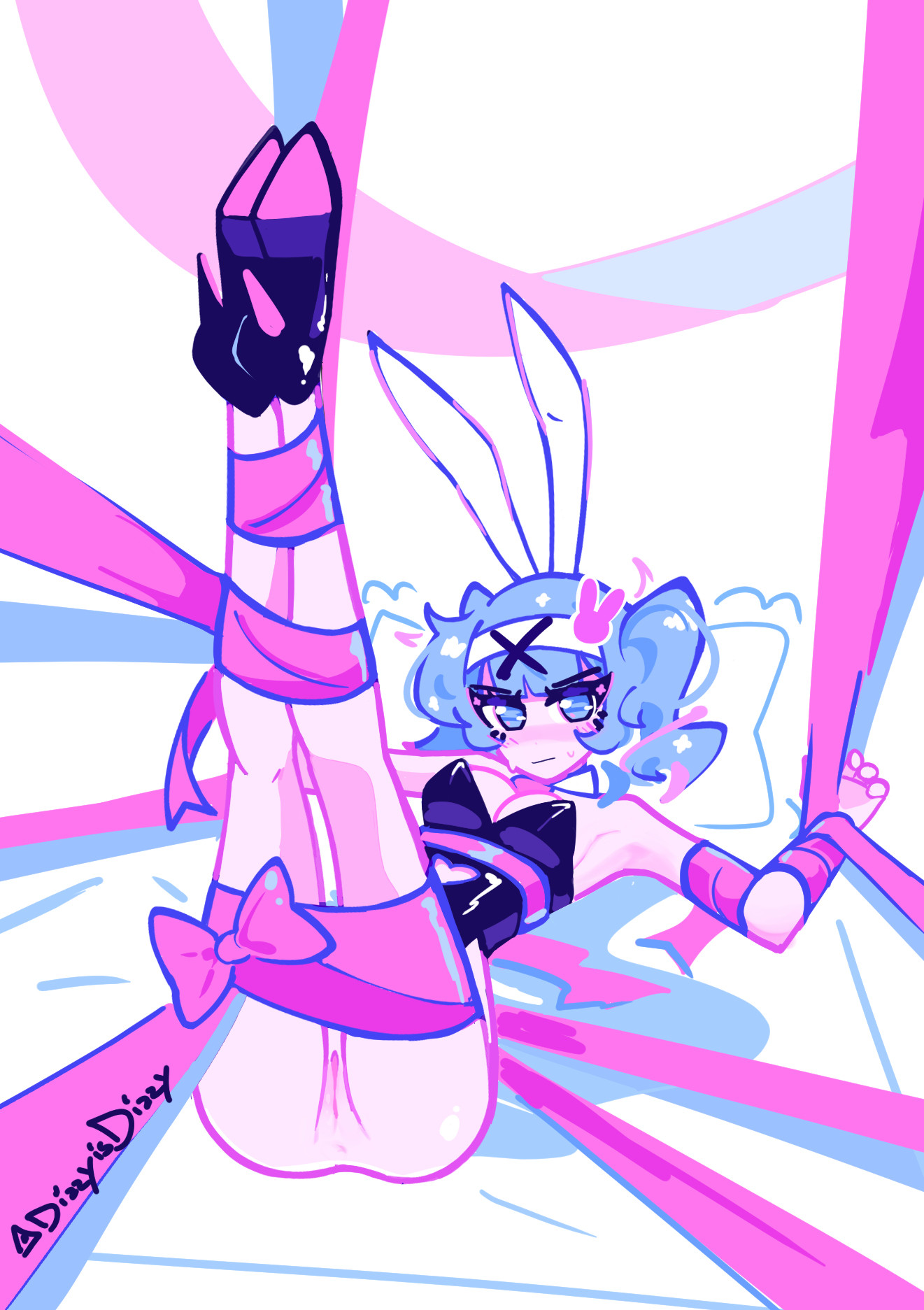 1girl, animal ears, annoyed, annoyed expression, ass, ass up, bangs, bdsm, black footwear, blue eyes, blue hair, blush, bondage, bound, bow, breasts, bunny tail, bunnysuit, cleavage, cute, dizzyisdizzy, fake animal ears, flustered, hair ornament, hatsune miku, heels, high heels, legs up, leotard, looking at viewer, lying, medium breasts, on back, pantyhose, pink bow, pink ribbon, playboy bunny, rabbit ears, rabbit hair ornament, rabbit hole (vocaloid), ribbon, side ponytail, solo, strapless, strapless leotard, tagme, tied up, twintails, white pantyhose, x hair ornament