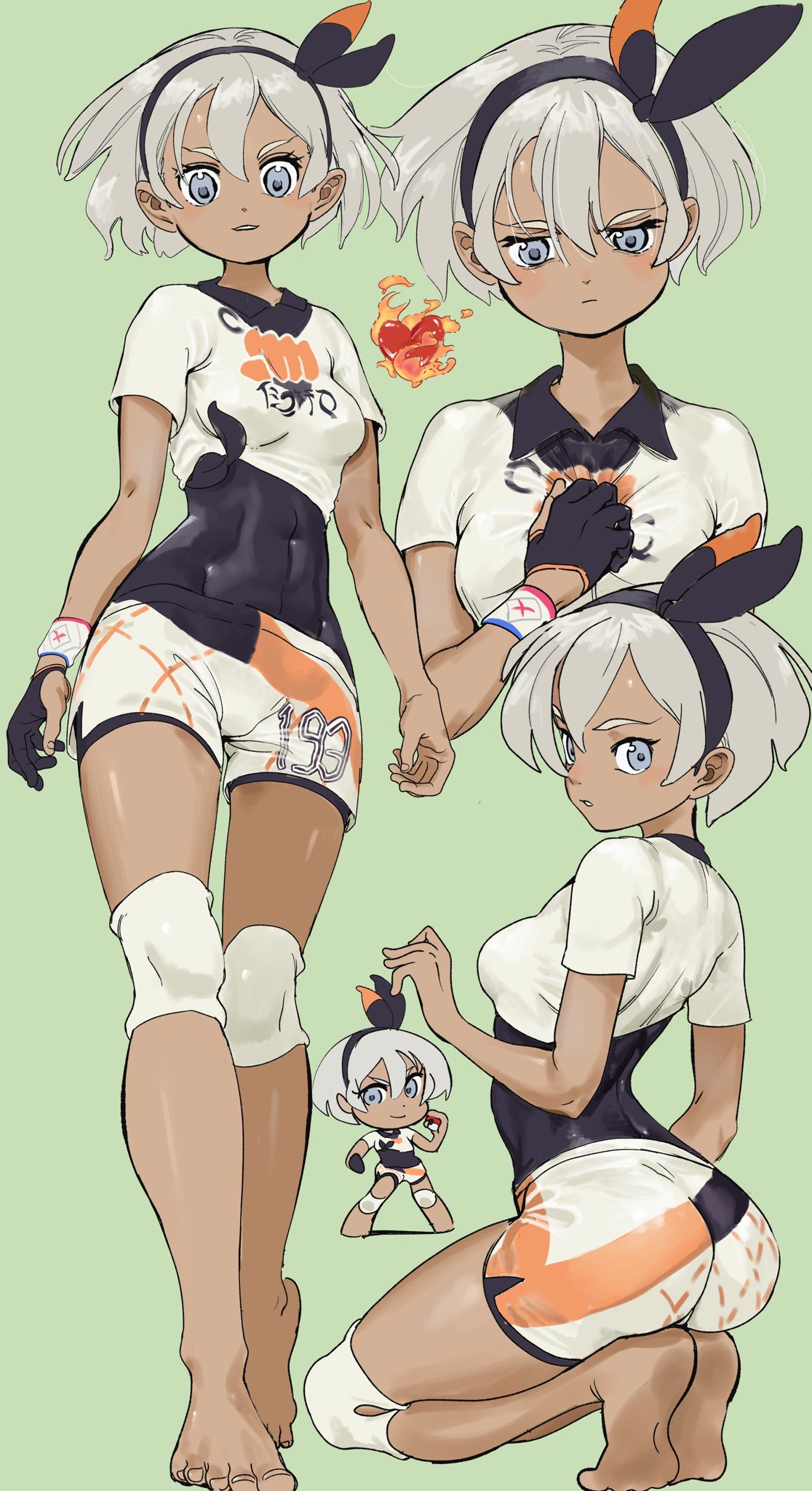 1girls, ass, athletic female, athletic wear, bea (pokemon), brown skin, chibi, dark skin, dark-skinned female, female, female focus, female only, gray eyes, gray hair, gym leader, hair ornament, hairband, kneeling, looking back, multiple angles, nintendo, on knees, pokemon, pokemon ss, short gray hair, short hair, sukoyaka tsukasa