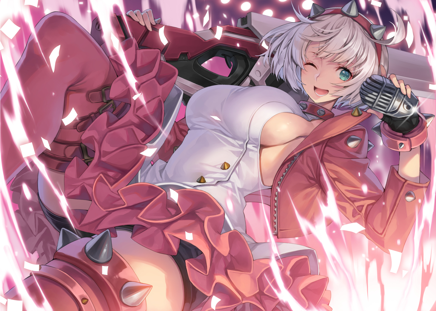 ;d, 1girls, black shorts, blue eyes, bracelet, breasts, collar, commentary, dress, dutch angle, elphelt valentine, female, female only, fingerless gloves, from below, from side, gloves, gradient background, guilty gear, guilty gear strive, hagure keg, headband, holding, holding microphone, holding weapon, jacket, jewelry, knee up, large breasts, long sleeves, looking at viewer, lower teeth only, microphone, one eye closed, open clothes, open jacket, open mouth, over shoulder, pink background, pink collar, pink headband, pink jacket, pink skirt, pink thighhighs, print bracelet, purple background, short hair, shorts, shorts under skirt, shure 55sh, sideboob, skirt, sleeveless, sleeveless dress, smile, solo, spiked bracelet, spiked collar, spiked headband, spiked jacket, spiked legwear garter, spikes, teeth, thighhighs, tongue, weapon, weapon over shoulder, white dress, white hair, zettai ryouiki