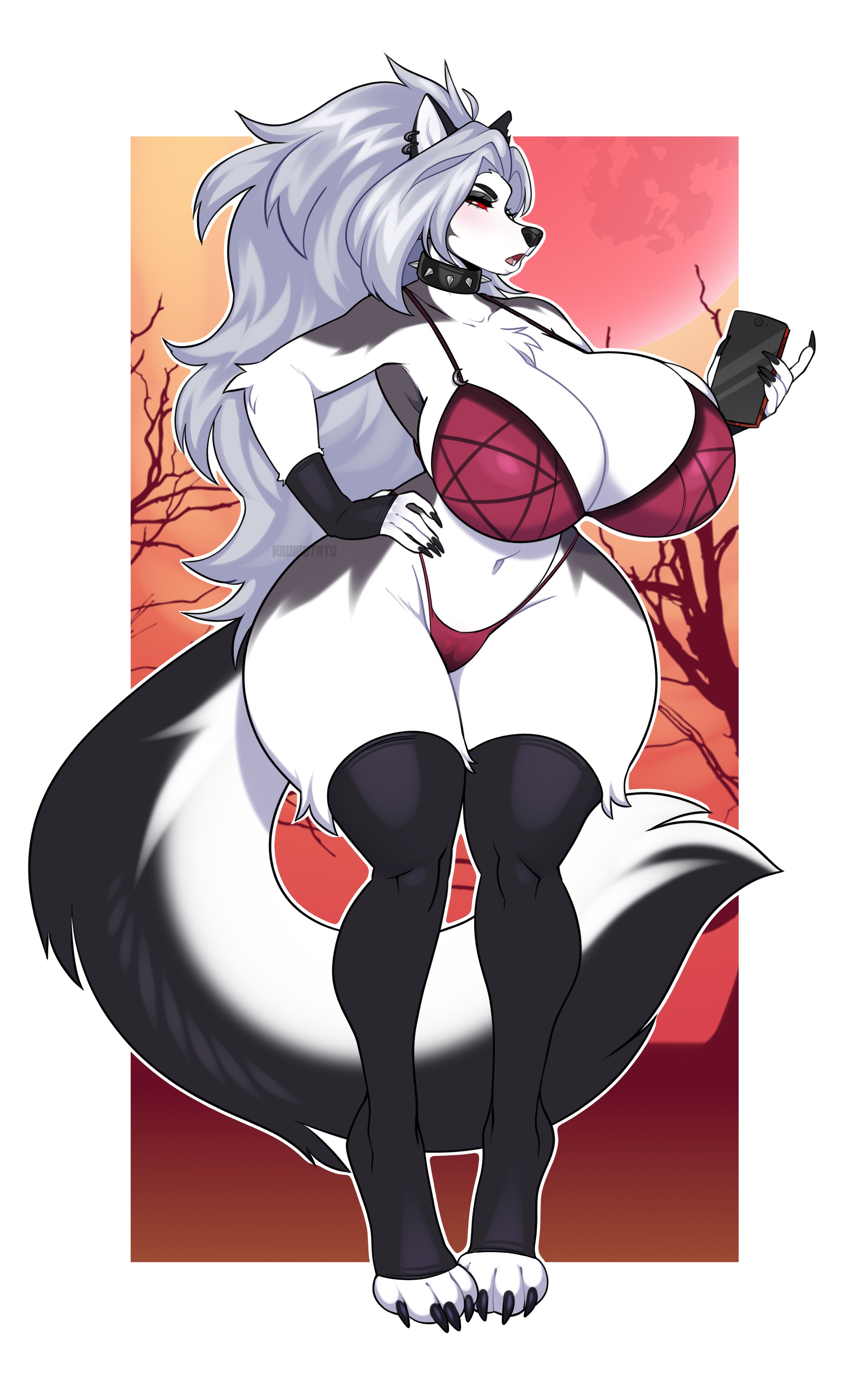 1girls, anthro, anthro female, ass, beautiful, big ass, big breasts, big tail, bikini, bikini bottom, bikini top, breasts, canid, canid demon, canid humanoid, canine, canis, cellphone, demon, demon girl, ear piercing, ears, female, female anthro, female focus, female furry, female only, fingerless gloves, fluffy, fluffy tail, furry, furry female, gloves, goth, goth girl, grey body, grey fur, grey hair, hand on hip, hellhound, helluva boss, huge ass, huge breasts, huge thighs, kiwipotato, large tail, long hair, looking at viewer, loona (helluva boss), mythological canine, mythological creature, open mouth, phone, red sclera, sexy, sole female, solo, solo female, solo focus, spiked collar, swimsuit, swimwear, tail, thick thighs, thighhighs, thighs, two-piece swimsuit, two-tone body, two-tone fur, two-tone tail, white body, white eyes, white fur, wolf, wolf girl
