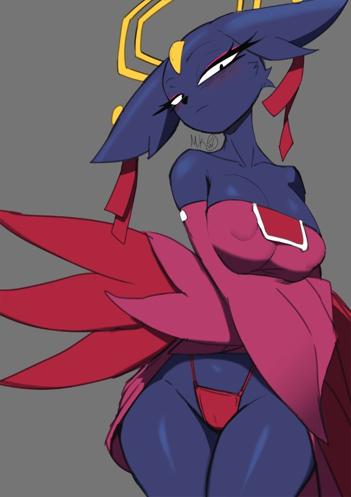 anthro, bell, big breasts, black body, black fur, blush, breasts, clothed, fluffy ears, goumang (nine sols), nine sols