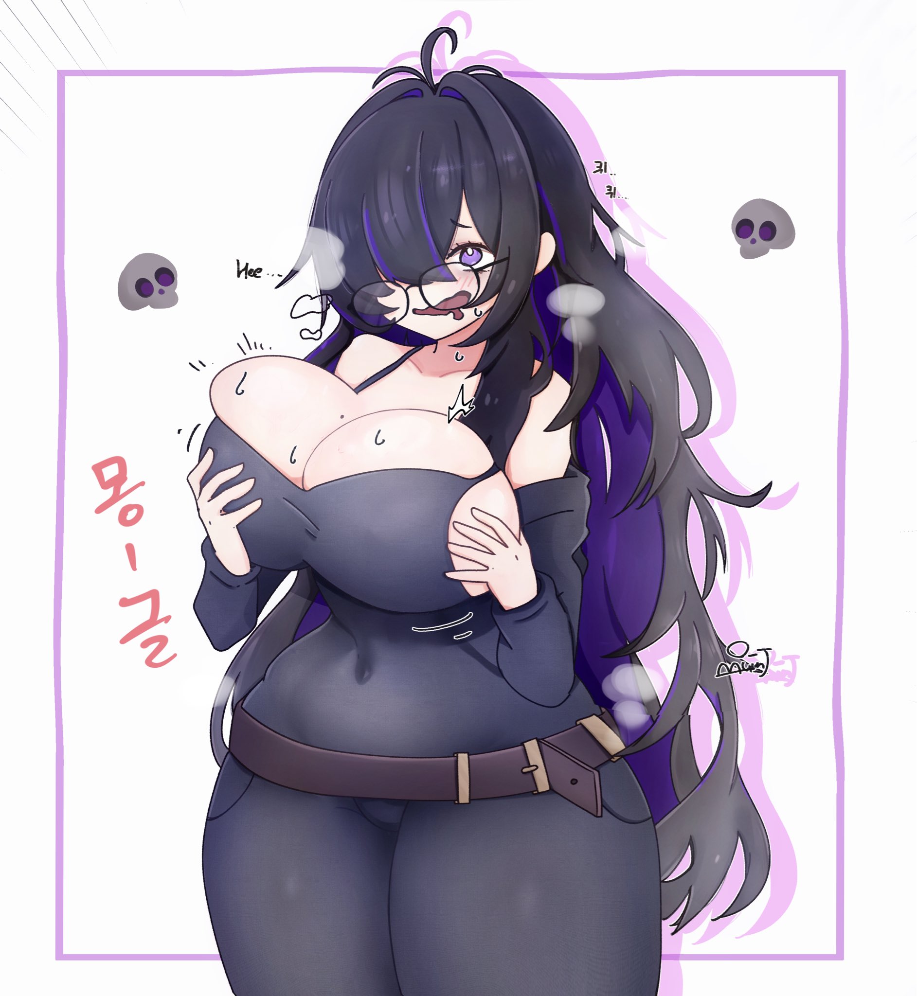 1girls, 2026, big breasts, black hair, blush, breast grab, breasts, burno j, clothed, clothing, color, colored, female, female only, glasses, goddess of victory: nikke, hair, hair over one eye, hi res, huge breasts, label (nikke), light skin, light-skinned female, long hair, looking away, open mouth, purple eyes, purple hair, simple background, skull, skull head, solo, sweat, sweatdrop, text, thick thighs, thighs, video game, video game character, video games, white background