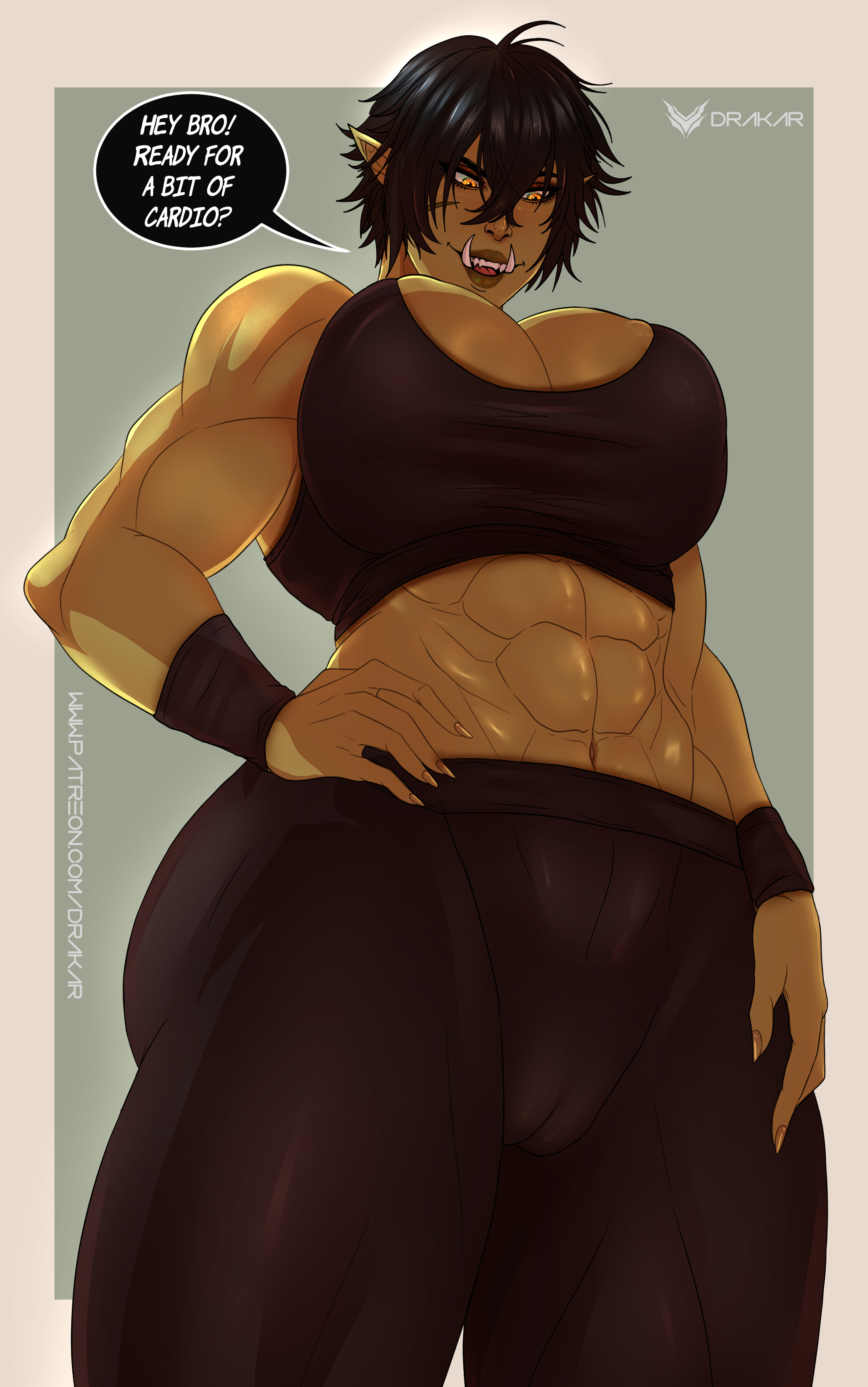 1girls, 2024, abs, big breasts, black hair, cameltoe, dialogue, drakar, english text, female, female only, leggings, muscular, muscular female, orc, orc female, original, pointy ears, smile, solo, speech bubble, tank top, thick thighs, tusks, very high resolution, viewed from below, workout clothes, wristband, yellow eyes, zargrith (drakar)