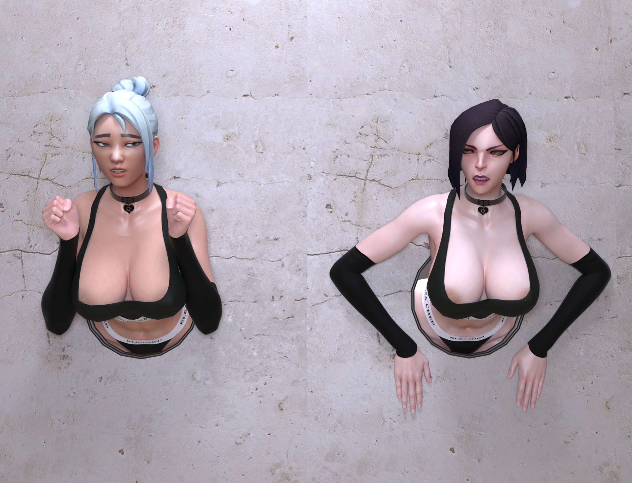2girls, 3d, 3d (artwork), asian, asian female, before sex, big ass, big balls, big breasts, big butt, big penis, big thighs, black hair, blacked, blacked clothing, bob cut, bra, collar, dark skin, dark-skinned male, glory hole, glory wall, interracial, jett (valorant), light skin, light-skinned female, mrcoris (artist), pale skin, pale-skinned female, ponytail, public, public use, queen of spades, riot games, short hair, sleeves, stuck, stuck in wall, tagme, tattoo, tattoos, thong, thong aside, valorant, viper (valorant), visible nipples, visible pussy, white hair
