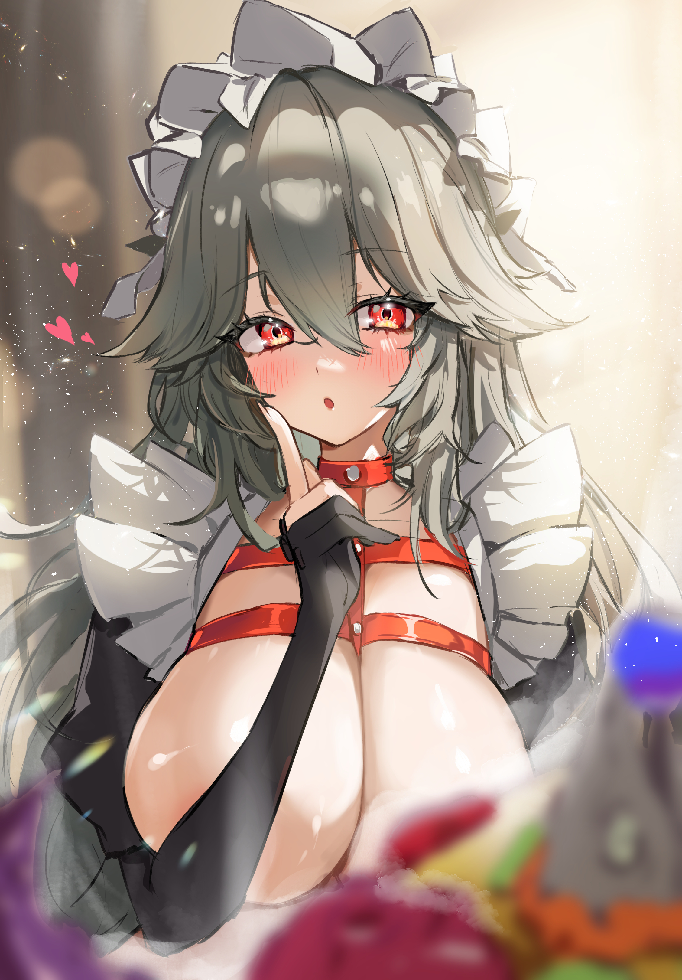 :o, 1girls, absurdres, alexandrina sebastiane, black gloves, blurry, blush, breasts, chest strap, commentary, depth of field, elbow gloves, female, female only, gloves, grey hair, hair between eyes, hair flaps, heart, highres, hovaku, index finger raised, large breasts, long hair, looking at viewer, maid headdress, no bra, open mouth, partially fingerless gloves, puffy sleeves, red eyes, school uniform, solo, topless female, upper body, white headdress, zenless zone zero
