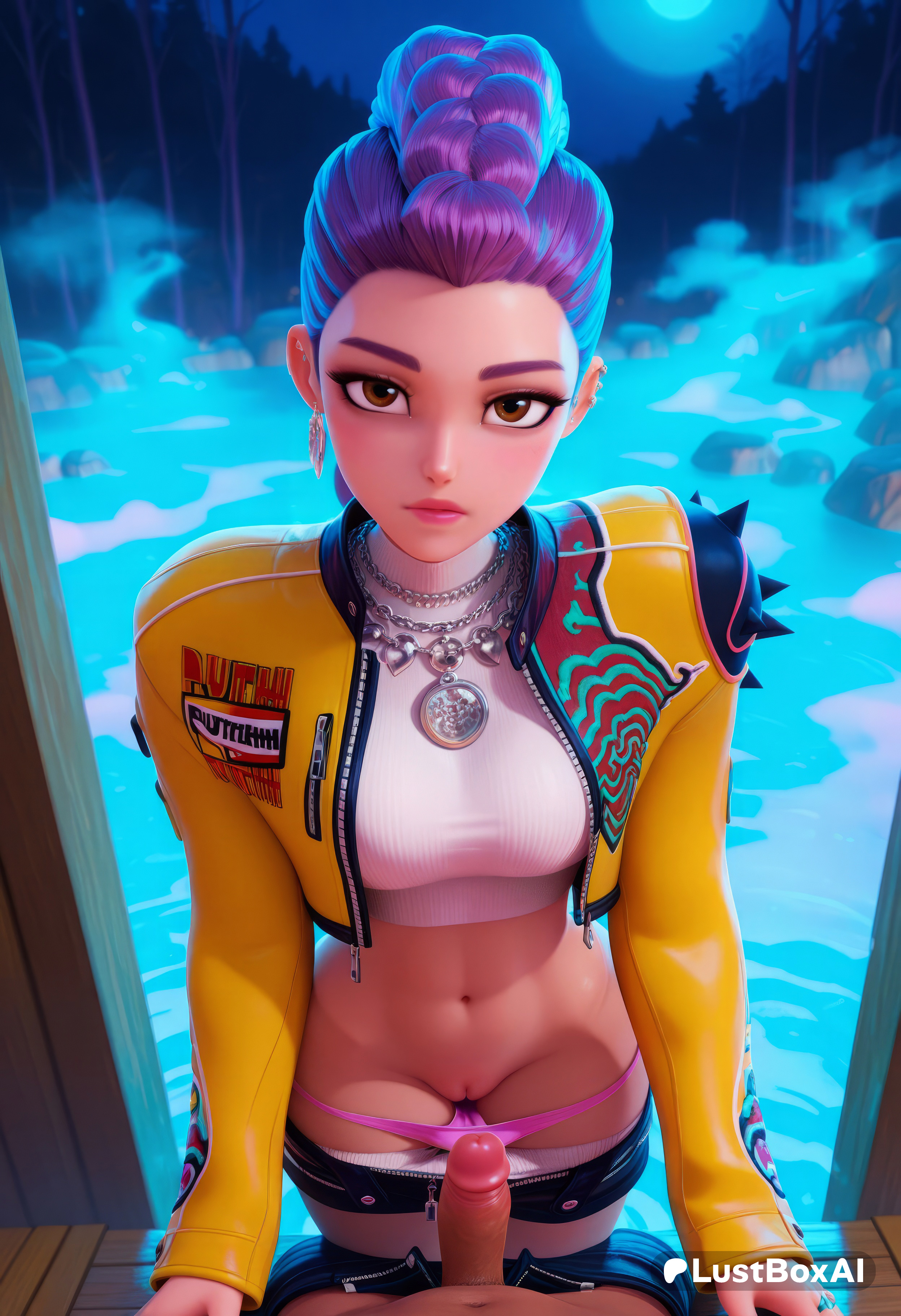 1boy, 1boy1girl, 1girls, ai generated, artist name, breasts, brown eyes, chain necklace, clothes pull, crop top, cropped jacket, ear piercing, earrings, erection, eyeshadow, female, full moon, hair bun, hi res, jacket, jewelry, kpop demon hunters, lips, looking at viewer, lustboxai, makeup, medium breasts, midriff, moon, navel, necklace, netflix, night, open clothes, open jacket, panties, pants, pants pull, panty pull, penis, piercing, pink panties, pov, pulling another's clothes, purple hair, pussy, rumi (kpop demon hunters), shorts, shorts pull, single hair bun, solo focus, sony pictures animation, spikes, straight, uncensored, underwear, water, yellow jacket