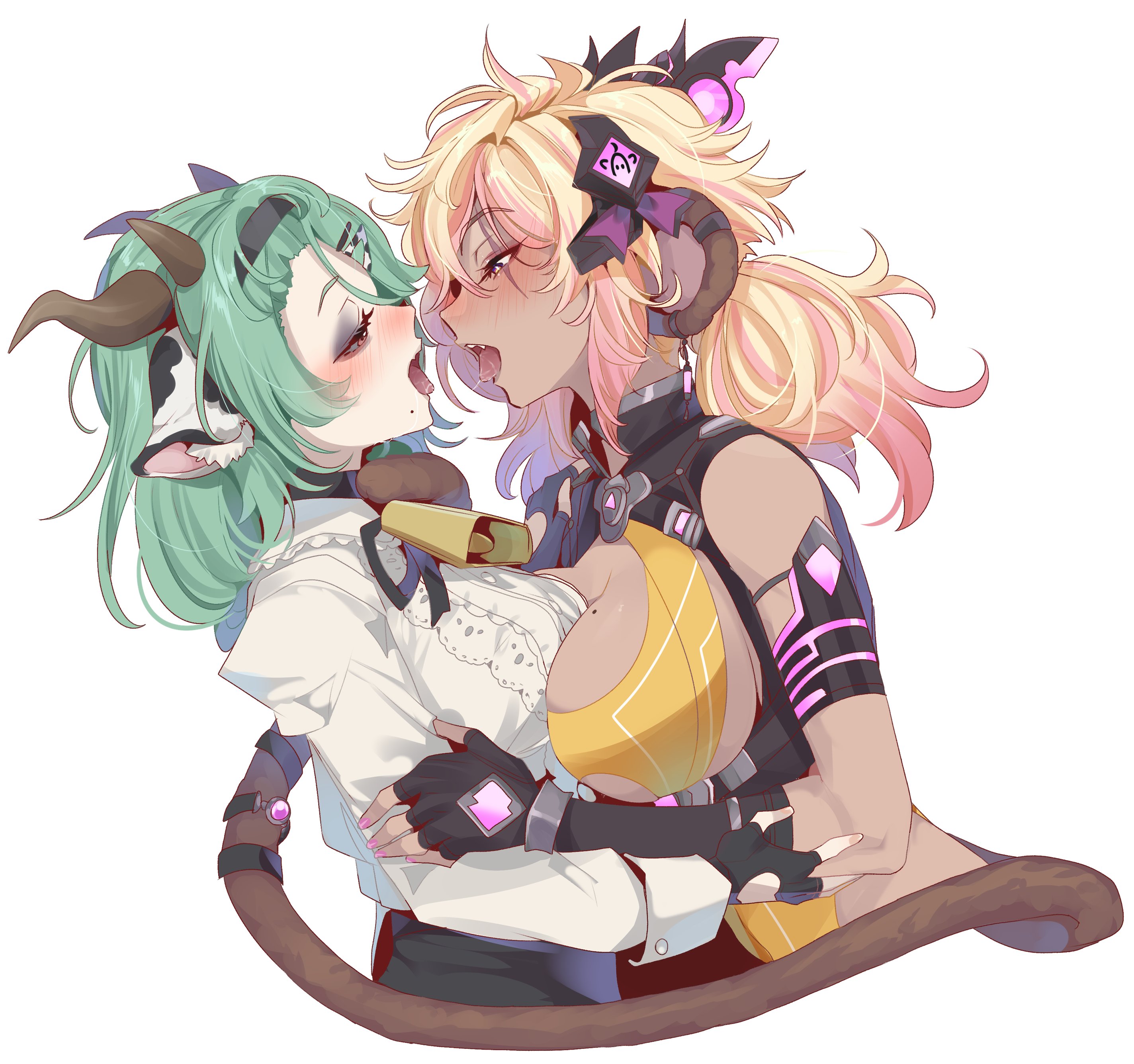 2girls, absurdres, after kiss, animal ears, bell, blonde hair, blush, breasts, breasts squeezed together, commentary, cow ears, cow horns, cowbell, crelly, dark skin, dark-skinned female, english commentary, fingerless gloves, gloves, green hair, highres, horns, indie virtual youtuber, kissing, kokonuts, large breasts, leotard, lesbian kiss, light-skinned female, making out, medium hair, mole, mole on breast, mole under mouth, monkey ears, monkey girl, monkey tail, multiple girls, pink hair, saliva, second-party source, shirt, sideboob, sloppy, sloppy kiss, srinitybeast, tail, tongue, twintails, underboob, virtual youtuber, vtuber, white background, white shirt, yellow leotard, yuri