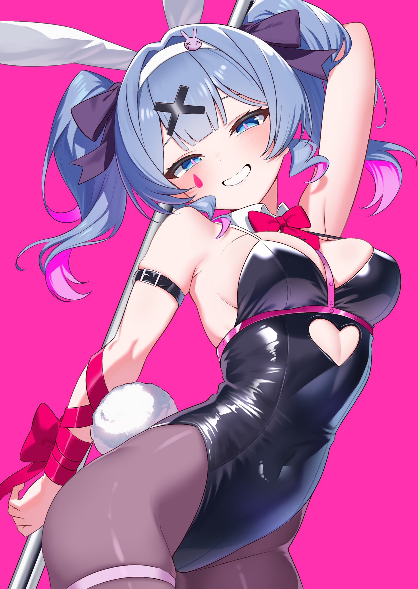 1girl, animal ears, arm strap, arm up, armpits, bangs, bare shoulders, between breasts, black leotard, blue eyes, blue hair, blush, bow, bowtie, breasts, bunny ears, bunny girl, bunny tail, bunnysuit, clothing cutout, covered navel, cowboy shot, detached collar, facial mark, fake animal ears, grin, hair ornament, hair ribbon, hairband, hatsune miku, holding, leggings, leotard, long hair, looking at viewer, medium breasts, multicolored hair, pantyhose, pink background, pink bow, pink hair, playboy bunny, pole, pole dancing, rabbit ears, rabbit hole (vocaloid), rabbit tail, ribbon, simple background, skindentation, smile, solo, strapless, strapless leotard, tail, thigh strap, twintails, virtual youtuber, x hair ornament