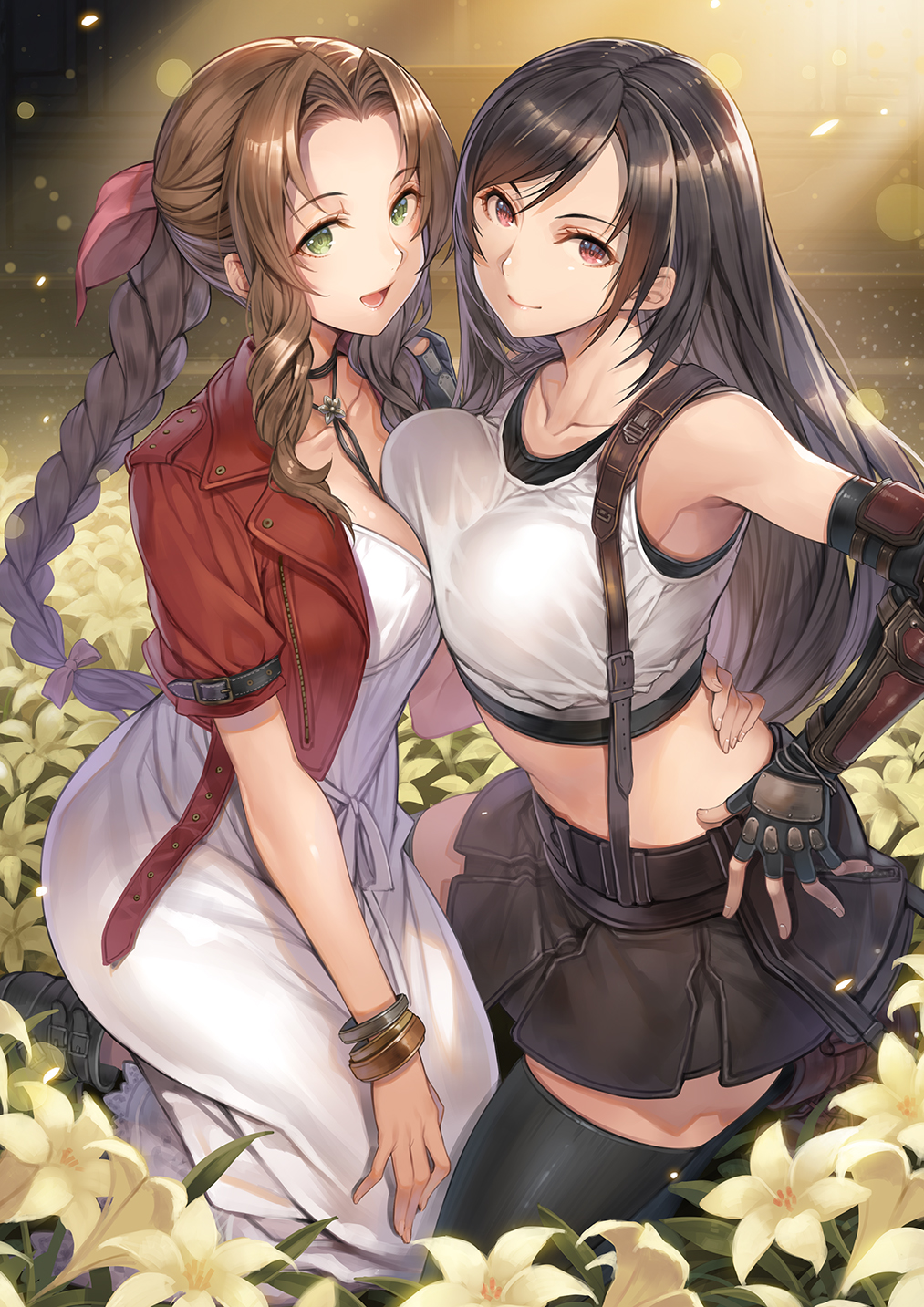 1girls, 2girls, aerith gainsborough, arm around waist, asymmetrical docking, black hair, bracelet, braid, braided ponytail, breast press, breasts, brown hair, cropped jacket, dress, earrings, female, female only, final fantasy, final fantasy vii, final fantasy vii remake, fingerless gloves, floating earrings, flower, gloves, hagure keg, highres, jacket, jewelry, large breasts, long hair, low-tied long hair, multiple girls, pink dress, red jacket, skirt, smile, square enix, suspender skirt, suspenders, tank top, tifa lockhart, white tank top