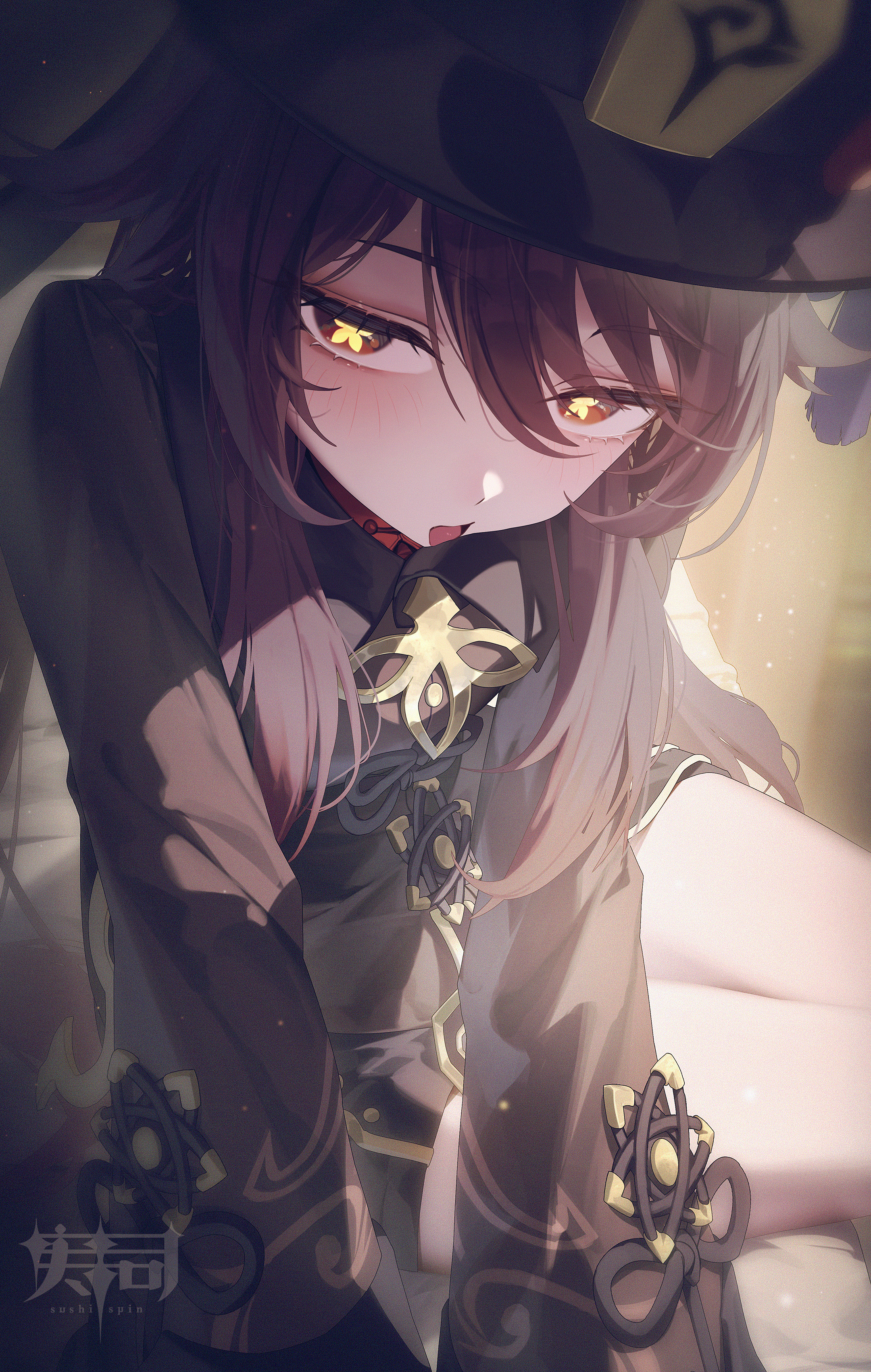 1girl, 1girls, absurd res, black dress, black hair, black hat, blush, collared dress, dress, female, female focus, genshin impact, hair between eyes, hat, highres, hoyoverse, hu tao (genshin impact), leaning forward, looking at viewer, open mouth, red eyes, sitting, solo, solo female, star (symbol), star-shaped pupils, sushispin, symbol-shaped pupils, tongue