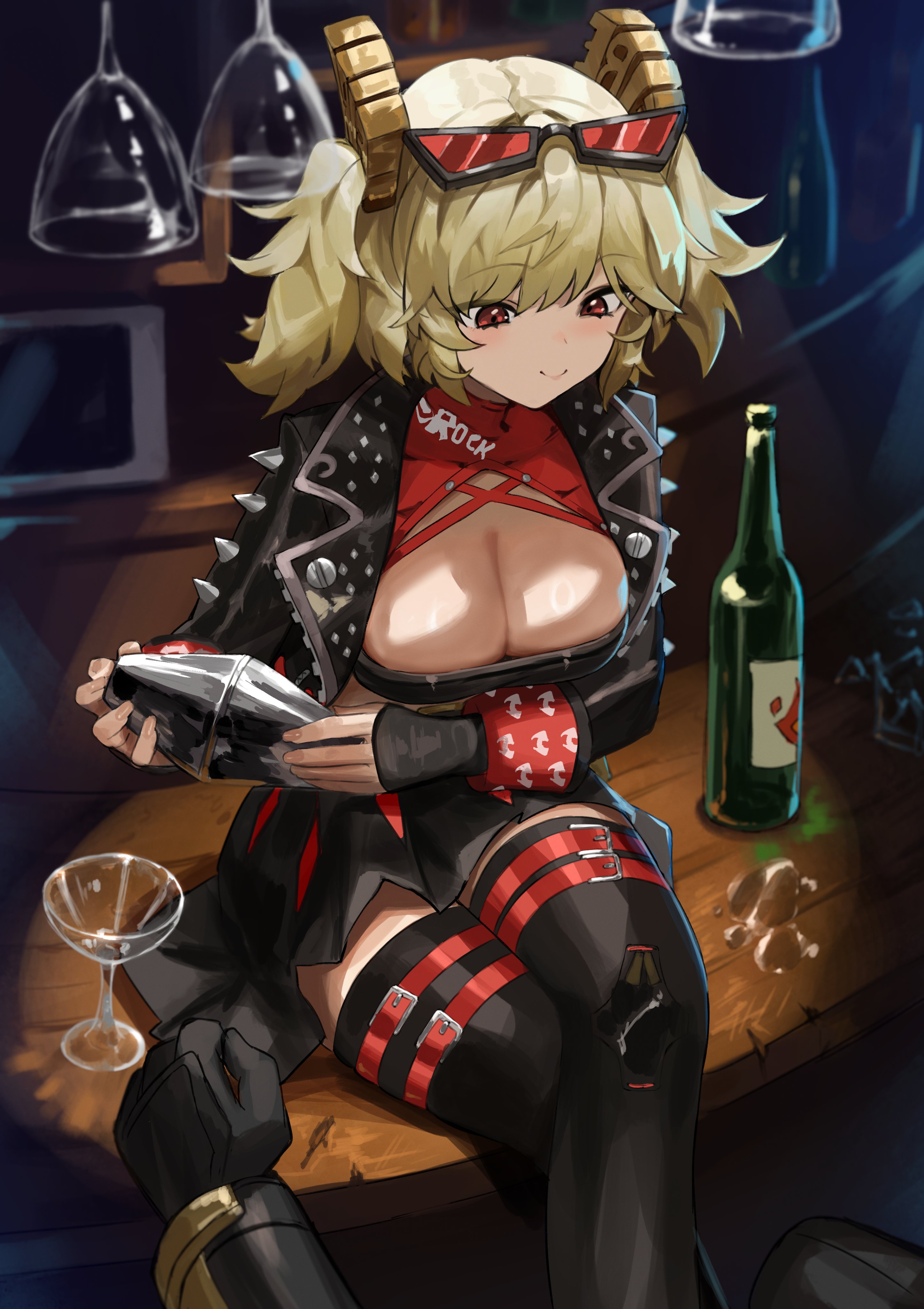 1boy, 1girls, absurdres, bandeau, black bandeau, black gloves, black jacket, black thighhighs, blonde hair, bottle, breasts, burnice white, cleavage, eyewear on head, female, fingerless gloves, gloves, highres, hirosenpai, jacket, large breasts, lighter (zenless zone zero), long sleeves, sitting, strapless, sunglasses, thighhighs, tube top, two side up, zenless zone zero