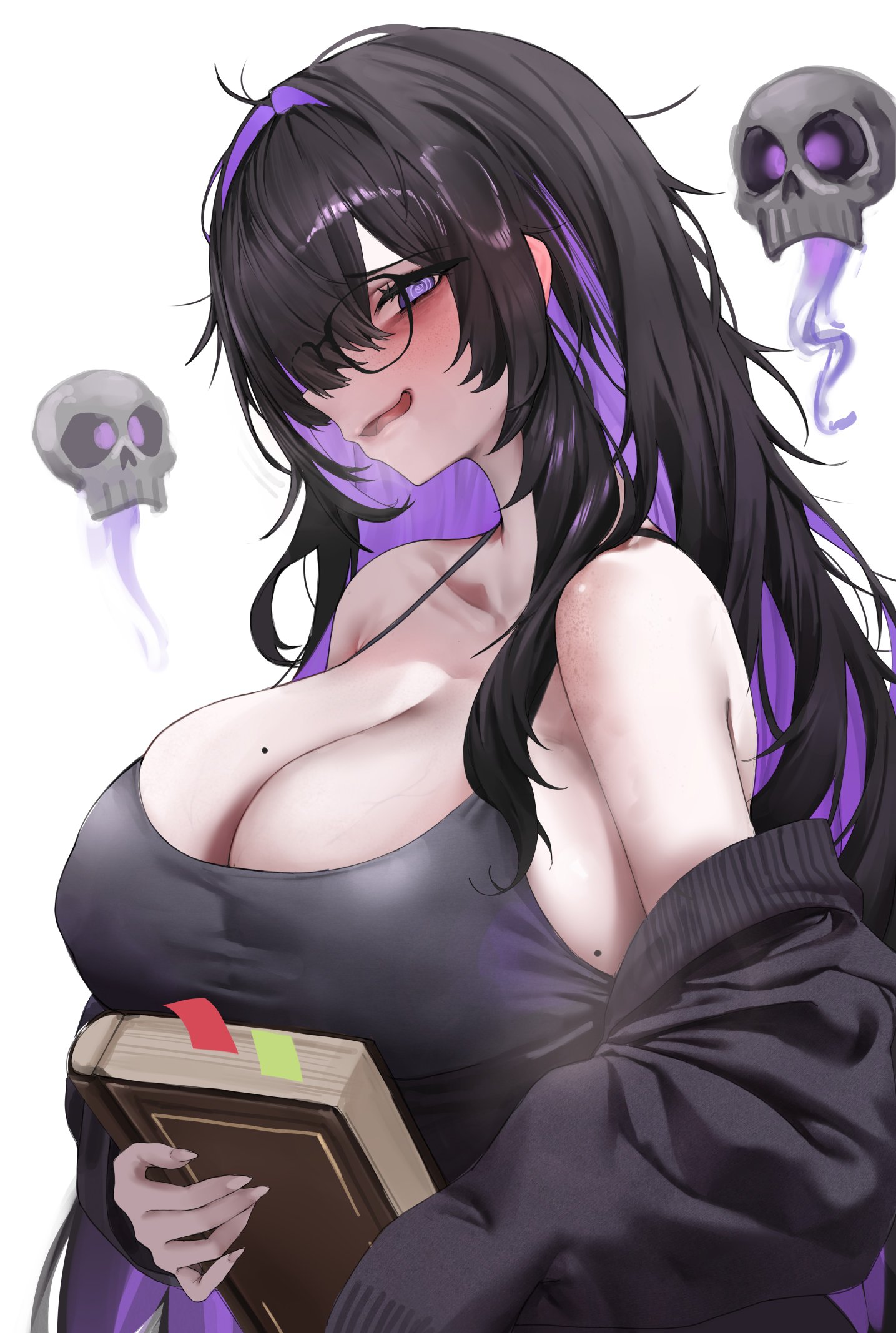 1girls, 2026, big breasts, black hair, blush, book, breasts, clothed, clothing, color, colored, female, female only, goddess of victory: nikke, hair, hair over one eye, hi res, huge breasts, label (nikke), light skin, light-skinned female, long hair, looking at viewer, mikkom 122, open mouth, purple eyes, purple hair, simple background, skull, skull head, solo, video game, video game character, video games, white background