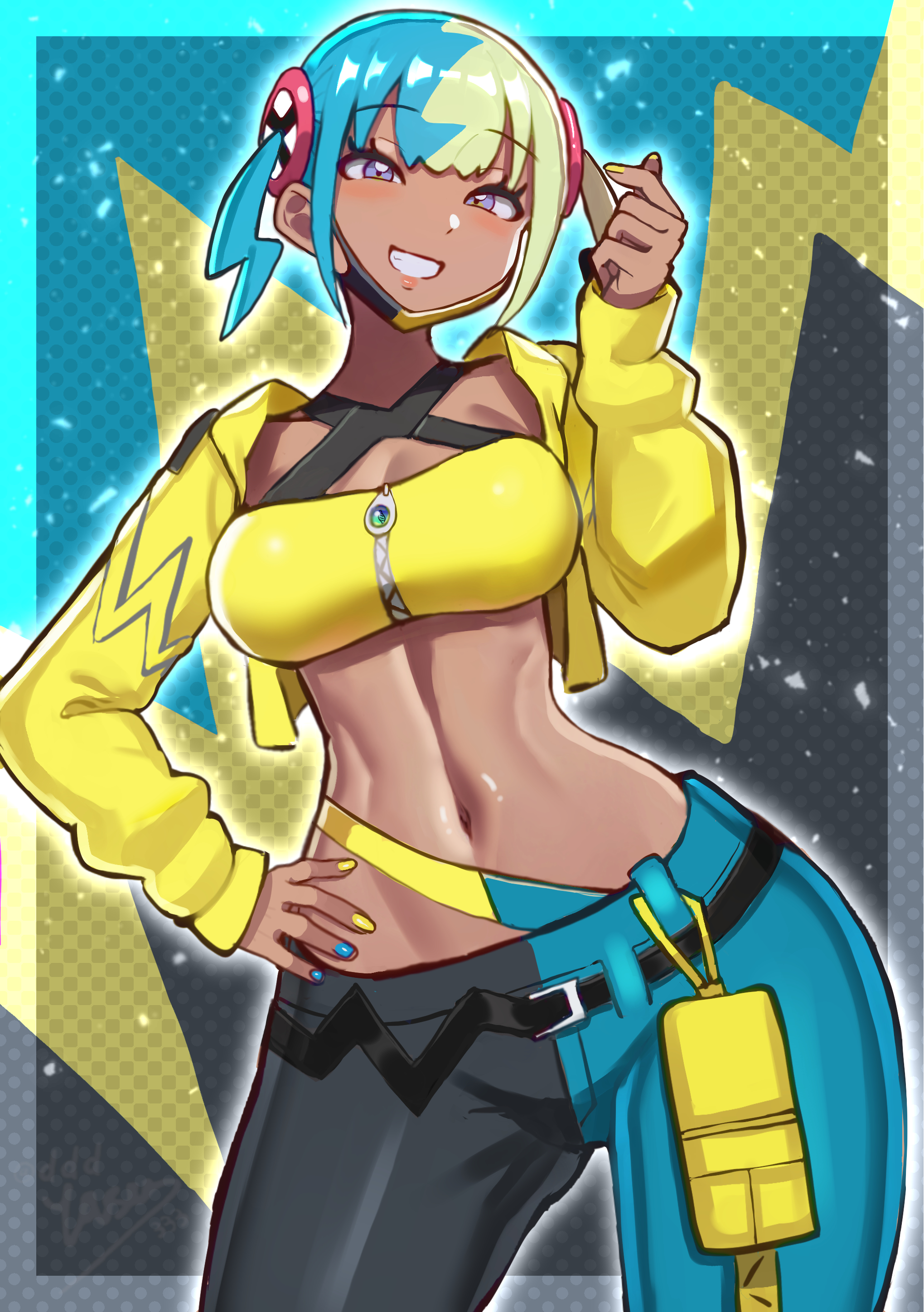 1girls, absurdres, aqua hair, black mask, blonde hair, blue nails, breasts, canari (pokemon), canary (pokemon), center-flap bangs, commentary, criss-cross halter, female, female only, finger heart, grin, halterneck, highres, jacket, long sleeves, mask, mask pull, medium breasts, mega stone, mouth mask, multicolored hair, nail polish, navel, nintendo, pokemon, pokemon legends: z-a, short twintails, smile, solo, split-color hair, sports bra, stomach, twintails, two-tone mask, yasu suupatenin, yellow jacket, yellow mask, yellow nails, yellow sports bra
