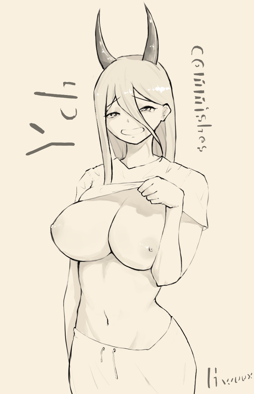 big breasts, breasts, chainsaw man, clothes lift, cute, demon horns, female, hair between eyes, horn, hwuux, large breasts, lifting own clothes, looking at viewer, monochrome, nipples, no bra, power (chainsaw man), smile, solo, solo female, upper body