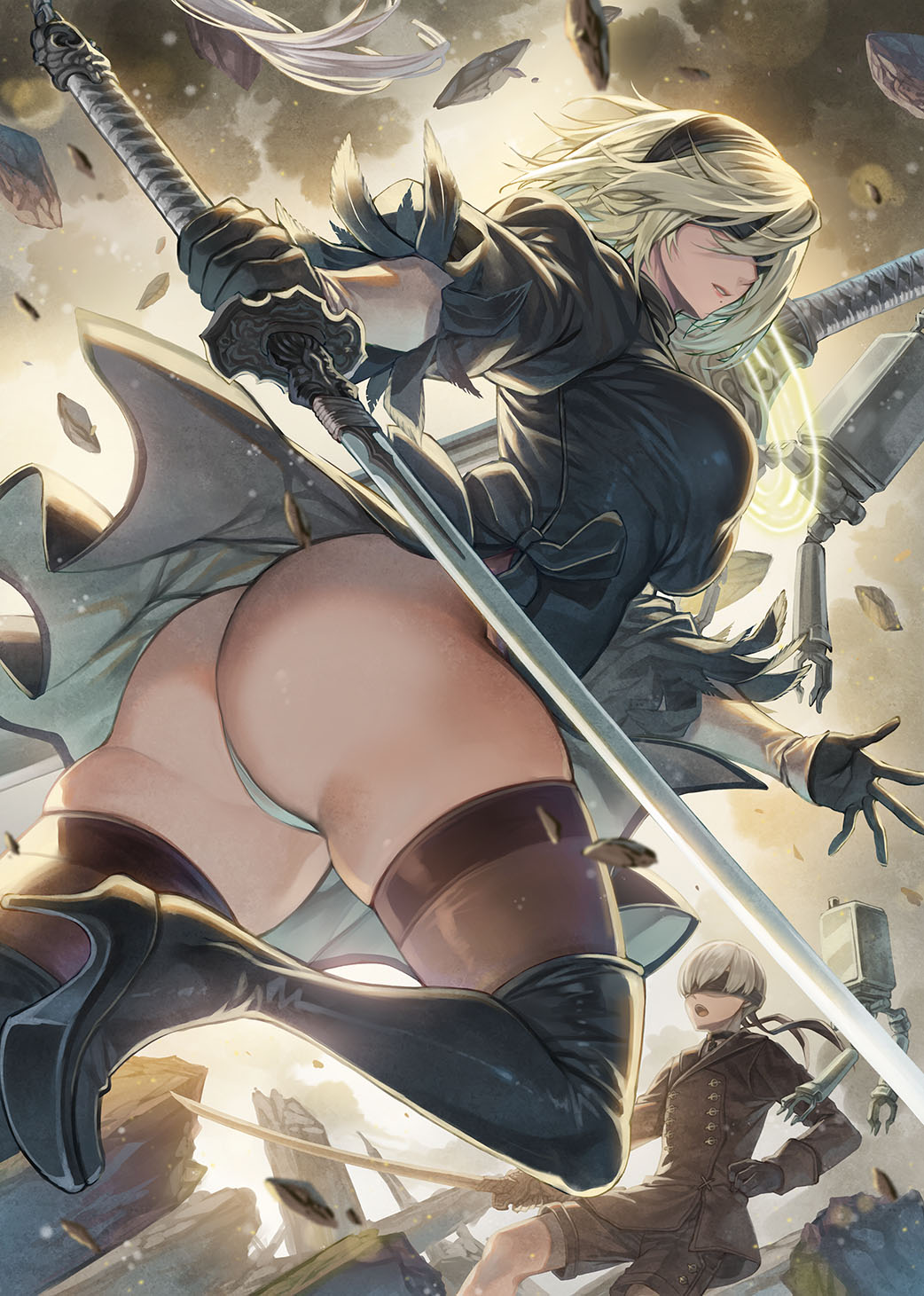 1boy, ass, black blindfold, black dress, blindfold, boots, breasts, dress, dutch angle, feather trim, female, gloves, hagure keg, hair ornament, hairband, high heel boots, high heels, highres, holding, holding sword, holding weapon, lips, long sleeves, medium breasts, mole, mole under mouth, nier (series), nier: automata, open mouth, outdoors, panties, parted lips, pod (nier), puffy sleeves, robot, short hair, shorts, sword, thigh boots, thighhighs, thighs, underwear, weapon, white hair, yorha 2b, yorha 9s