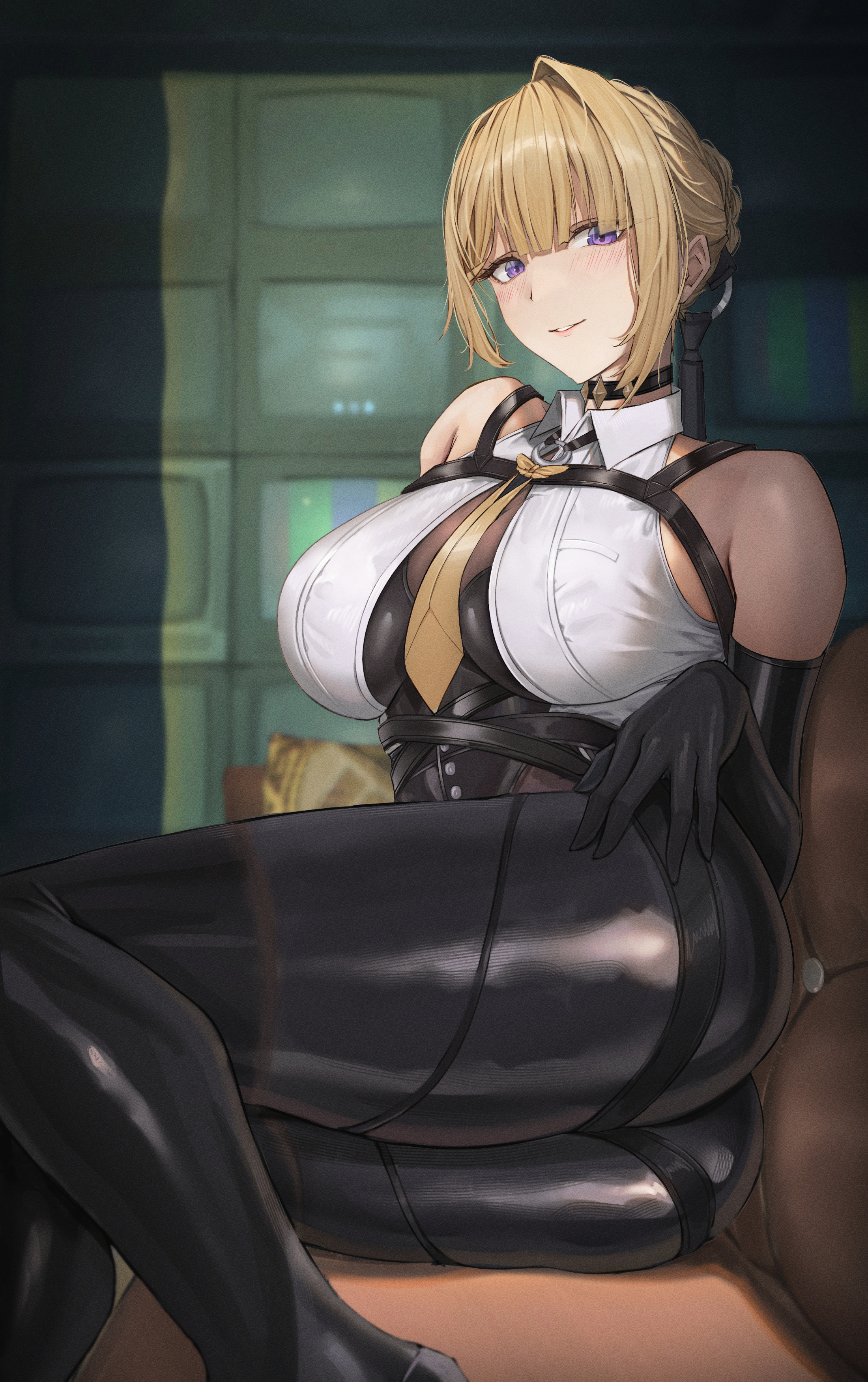 1girls, absurdres, ass, bare shoulders, between breasts, black choker, black gloves, black pants, blonde hair, blunt bangs, blush, breasts, chco, chest harness, choker, collared shirt, couch, elbow gloves, evelyn chevalier, female, female only, gloves, hair up, hand on own ass, harness, high-waist pants, highres, large breasts, long hair, looking at viewer, necktie, necktie between breasts, o-ring, on couch, pants, parted lips, purple eyes, ring hair ornament, shirt, single elbow glove, sitting, sleeveless, sleeveless shirt, smile, solo, television, thick thighs, thighs, tight clothes, tight pants, white shirt, yellow necktie, zenless zone zero