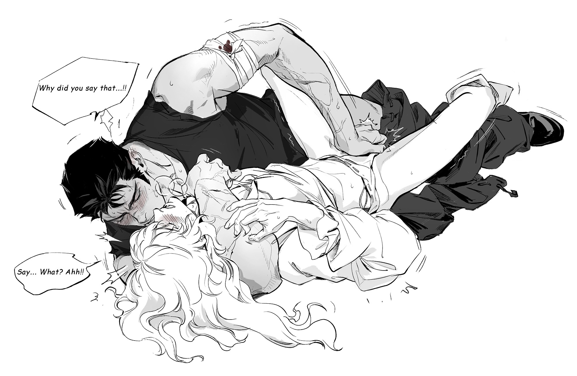 2025, 2boys, bara, barefoot, behelit, berserk, big muscles, black hair, closed eyes, cumming, dialogue, femboy, functionally nude, gay, gay sex, griffith, guts (berserk), highres, intense orgasm, jerking, kissing, long hair, looking pleasured, male, male on femboy, male/femboy, male/male, masculine male, moan, moaning, moaning in pleasure, monochrome, muscular, muscular male, orgasm, partially clothed, partially nude, rough sex, sex, short hair, size difference, terribleaunt, text, tongue, white hair, yaoi