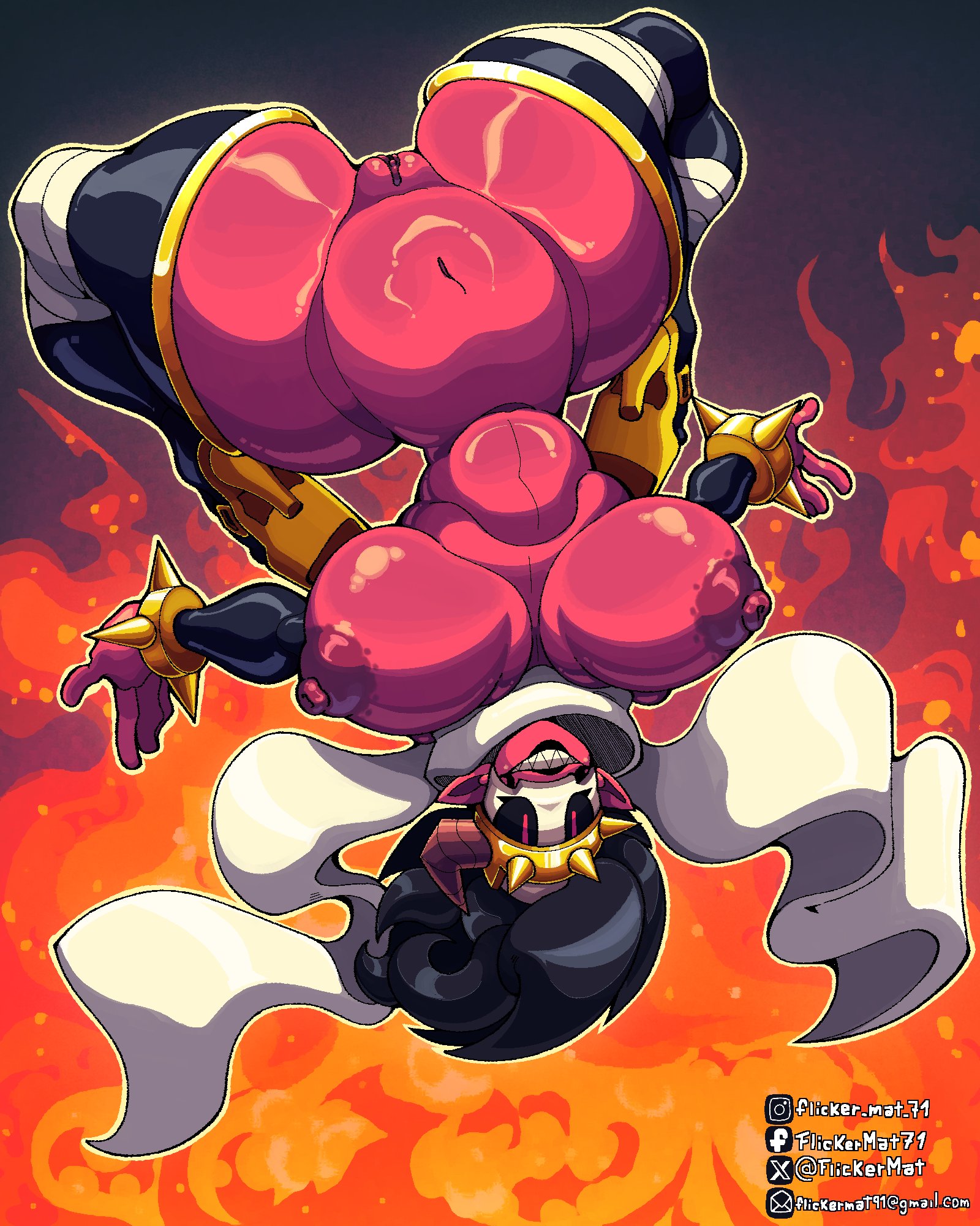 1girls, angels vs demons (brawl stars), ass, black hair, black lipstick, brawl stars, breasts, breasts out, demon, demon emz (brawl stars), demon girl, emz (brawl stars), female, female only, flickermat, horn, huge ass, huge breasts, mask, naked female, puffy nipples, pussy, skull, skull head, solo, solo female, supercell, upside-down, vagina