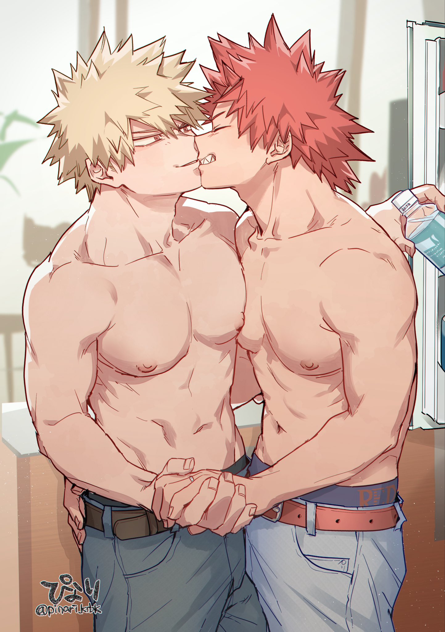 2boys, bakugou katsuki, bara, blonde hair, boku no hero academia, eijirou kirishima, gay, hand holding, holding hands, katsuki bakugou, kirishima eijirou, male, male focus, male only, muscular, muscular male, my hero academia, pants, partially clothed, pinari krbk, red hair, shirtless, shirtless male, yaoi