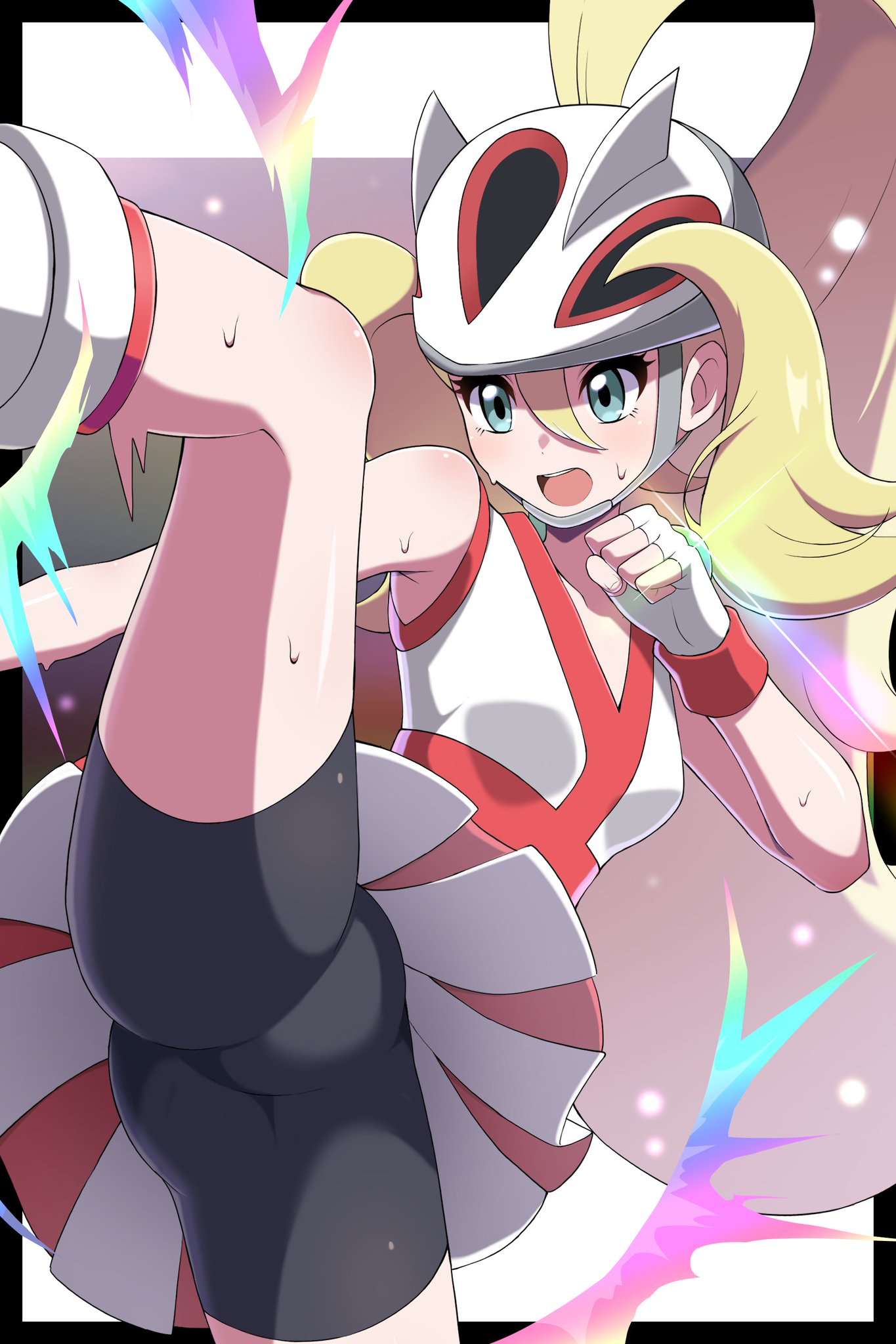 1girls, athletic female, blonde hair, corni (pokemon xy), corni (pokemon), female, female only, fighting stance, gym leader, helmet, korrina (pokemon xy), korrina (pokemon), light skin, light-skinned female, nintendo, pokemon, pokemon xy, shabana may, shorts, sleeveless, solo, spats, sweat, sweaty, upskirt