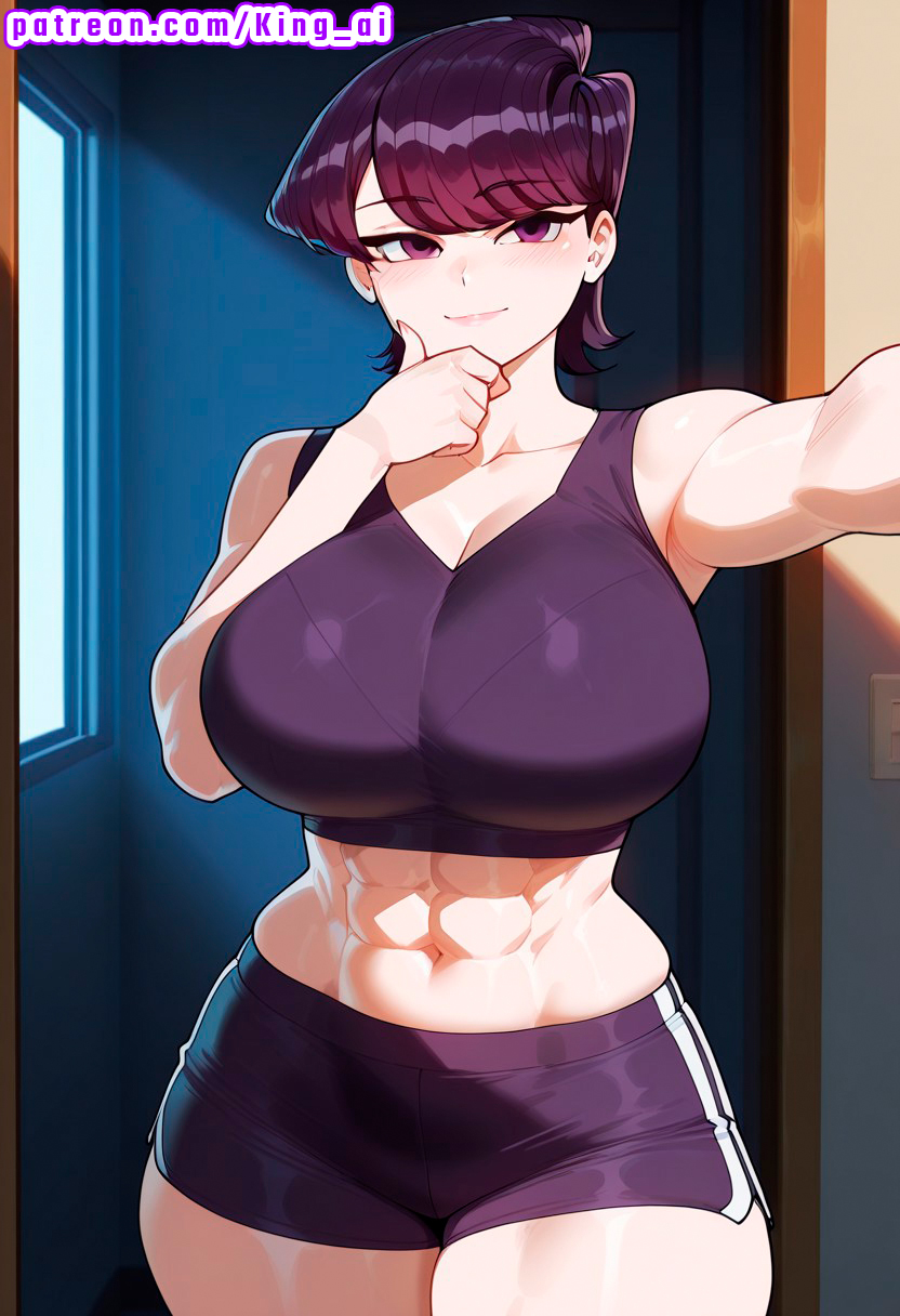 abs, absurdres, ai generated, black shorts, blush, bob cut, door, female, gym shorts, highres, huge breasts, indoors, king ai, komi cant communicate, komi shuuko, komi-san wa komyushou desu, large ass, large breasts, mature female, milf, muscular, muscular female, patreon, purple eyes, purple hair, purple tank top, selfie, short hair, shuuko komi, solo, thick thighs