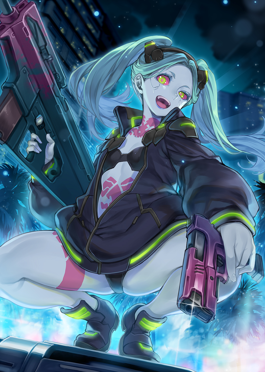 1girls, artist name, ass, assault rifle, asymmetrical dual wielding, black bra, black panties, bra, clothing, colored sclera, colored skin, commentary request, cyberpunk 2077, cyberpunk: edgerunners, dual wielding, female, female only, firearm, footwear, green hair, gun, hagure keg, handgun, happy, highres, holding, holding gun, holding weapon, human, jacket, leg tattoo, long hair, looking at viewer, nonsexual, outerwear, pale skin, panties, rebecca (edgerunners), red eyes, red sclera, rifle, smile, solo, squatting, tattoo, uncensored, underwear, weapon