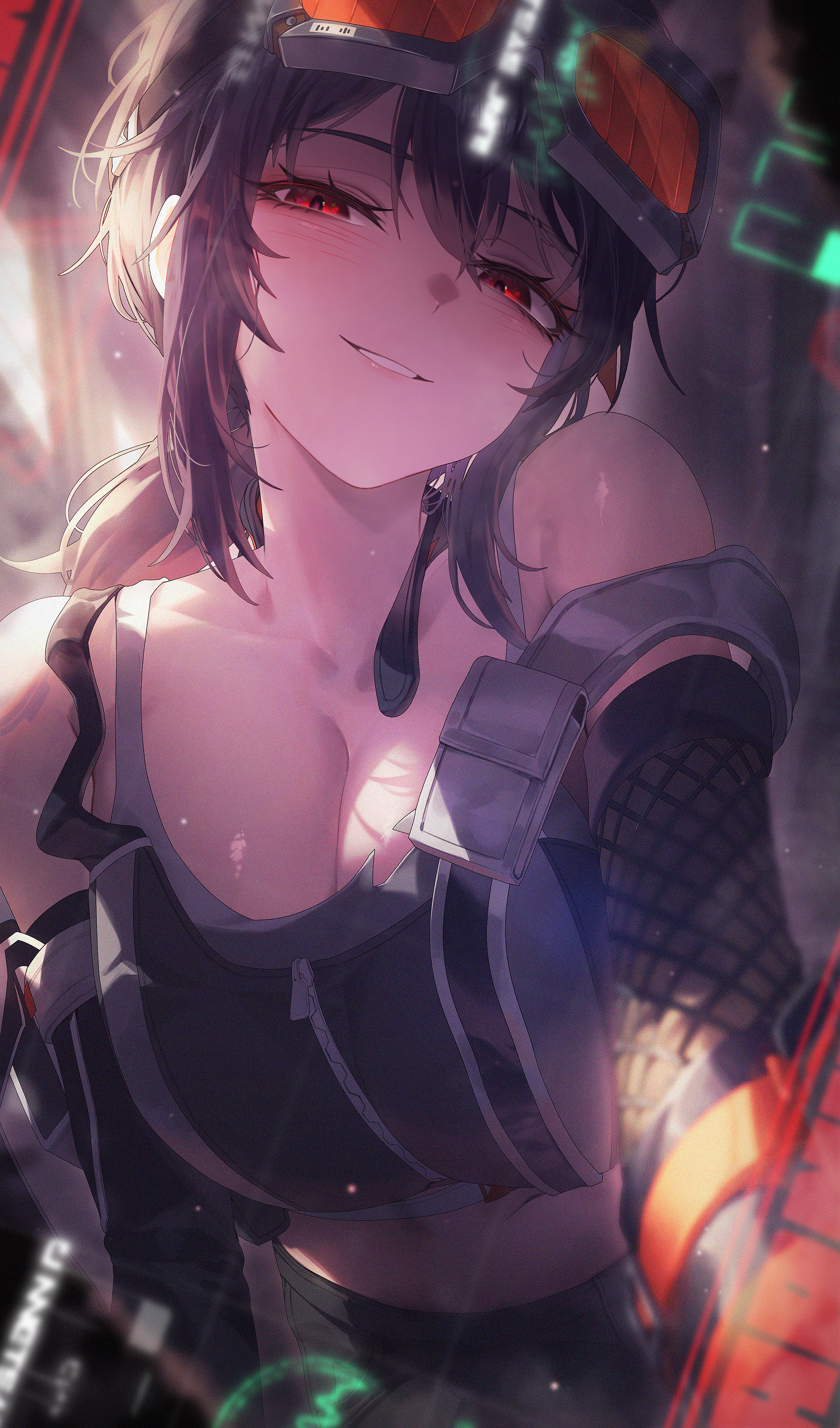 1girls, absurdres, asymmetrical gloves, bare shoulders, black hair, black sports bra, blurry, blurry background, blush, breasts, cleavage, commentary request, female, female only, gloves, goggles, goggles on head, grace howard, highres, large breasts, long hair, looking at viewer, mismatched gloves, navel, ponytail, red eyes, smile, solo, sports bra, sushispin, zenless zone zero
