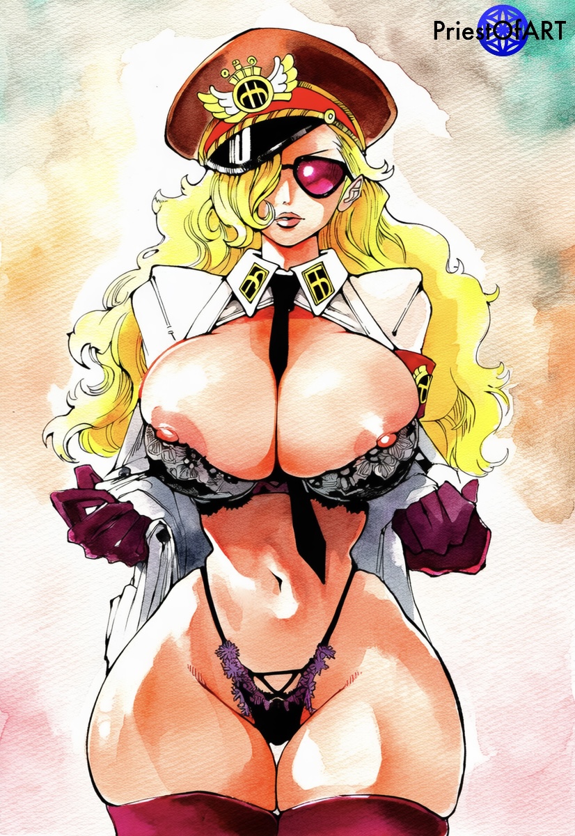 1girls, ai generated, big breasts, blonde hair, blonde-haired female, bra, domino (one piece), elbow gloves, female, female only, glasses, hat, huge breasts, long hair, military hat, nipples, one piece, open clothes, panties, priestofart, shiny, simple background, solo, solo female, stockings, thick thighs, tie, underwear, watercolor, watercolor (artwork), watermark, white background, wide hips