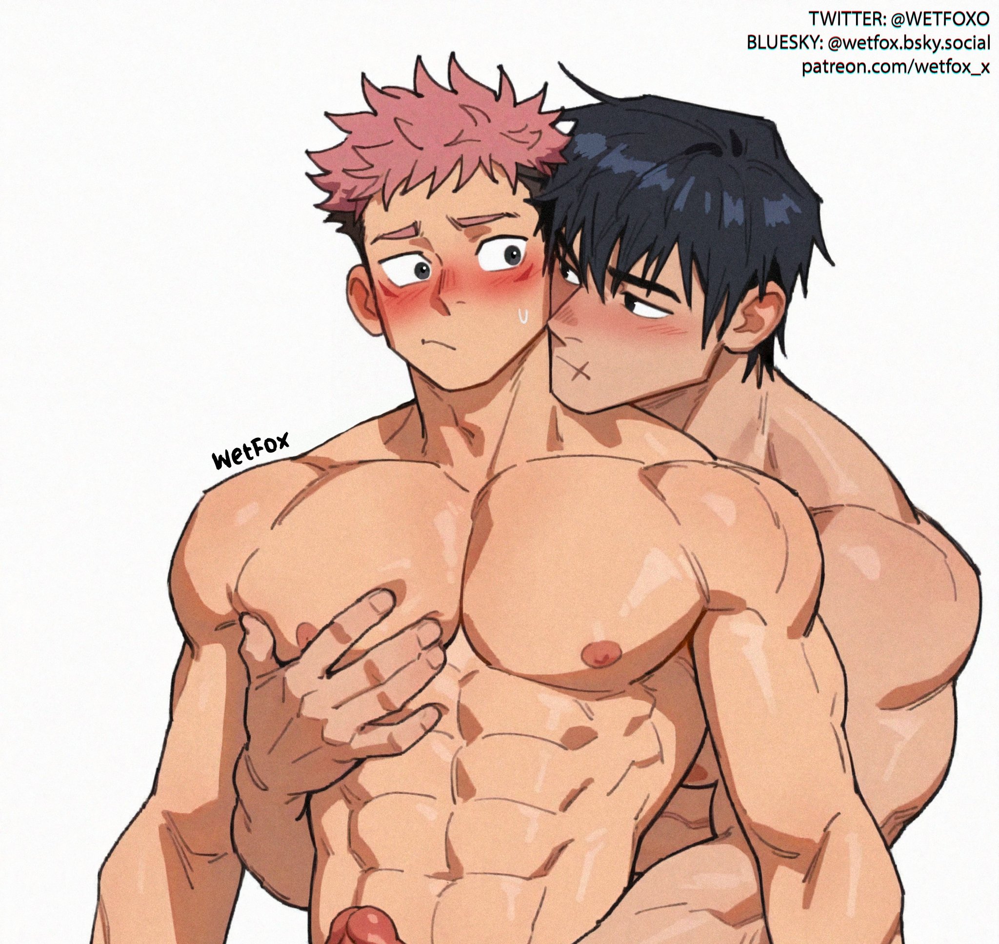 ai generated, bara, gay, itadori yuuji, jujutsu kaisen, male, male focus, male only, muscular, muscular male, toji fushiguro, wetfoxo, yaoi