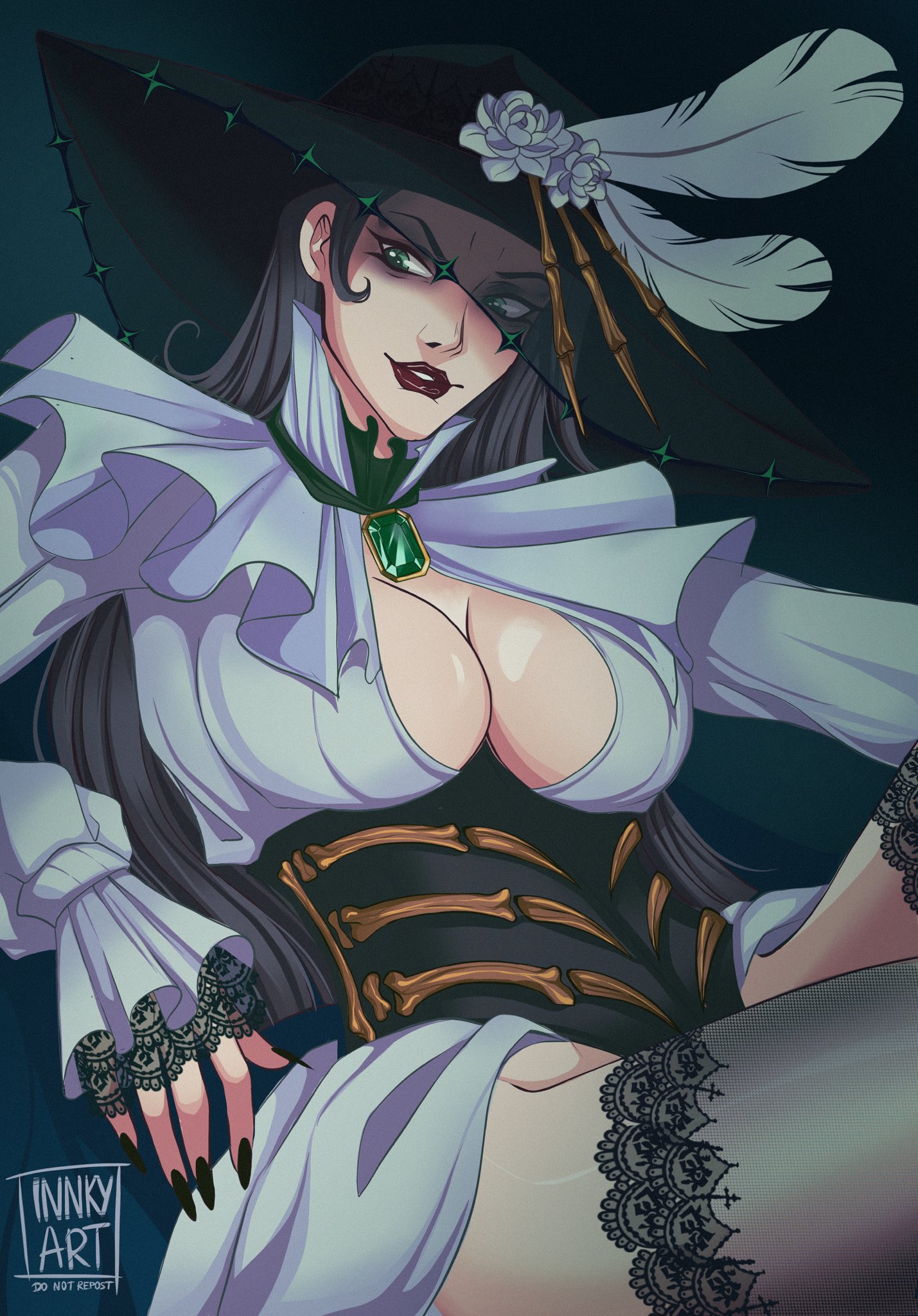 big breasts, black hair, black lipstick, black nails, black thighhighs, boob window, breasts, cleavage, cleavage cutout, death (personification), female, goddess, goth, gothic, hat, hela, hela (grim lady), hela (marvel rivals), innkyart, large breasts, marvel, marvel rivals, sexy, thighhighs, thighs, thor (series)
