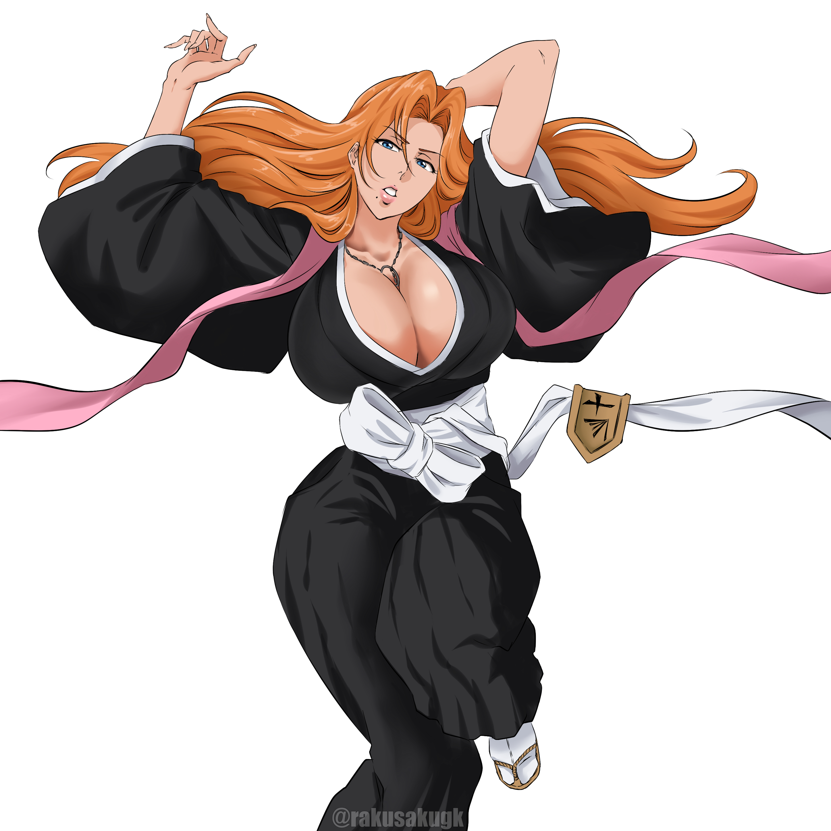 1girls, 2d, 2d (artwork), absurd res, arm behind head, big breasts, black kimono, bleach, blue eyes, breasts, cleavage, color, colored, female, female only, fully clothed, hi res, huge breasts, japanese clothes, kimono, long hair, looking at viewer, lying, matsumoto rangiku, mole, mole under mouth, on back, orange hair, pink ribbon, rakusakugk, ribbon, sandals, solo