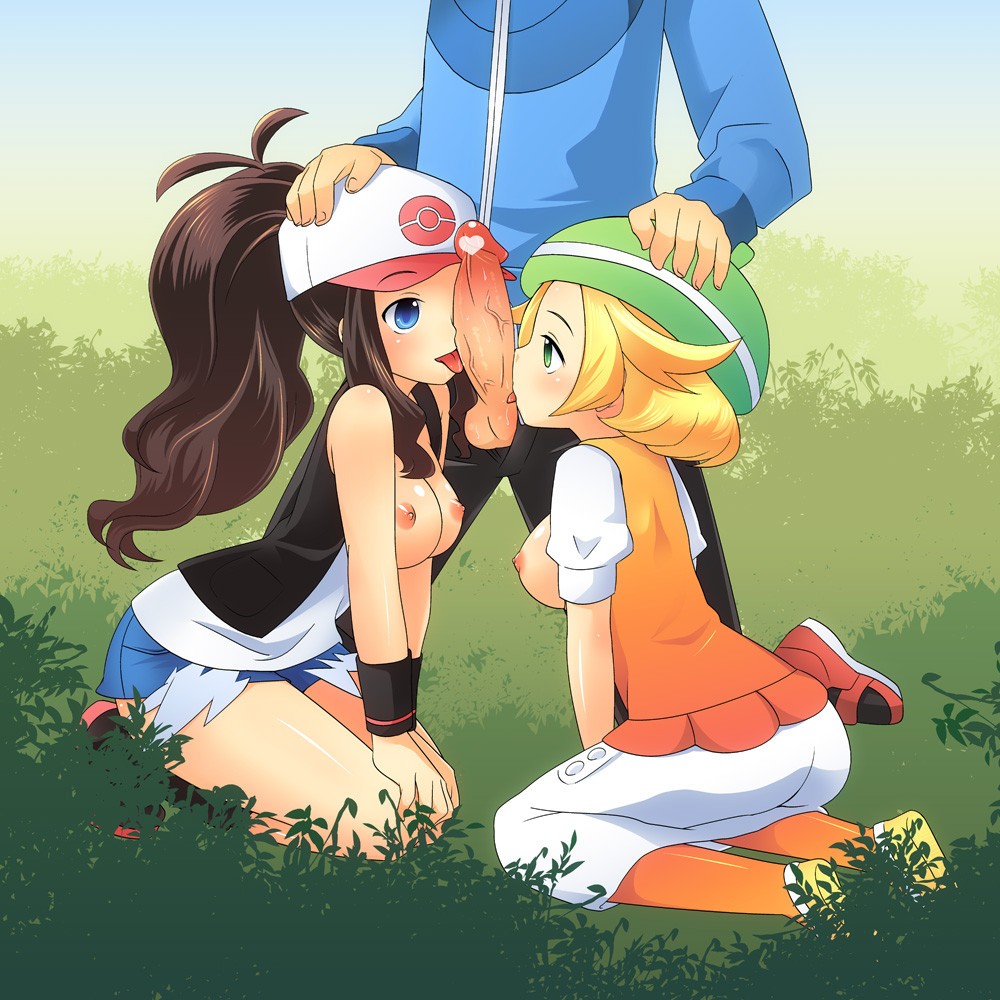 1boy, 2girls, artist request, bianca (pokemon bw), bianca (pokemon), blonde female, blonde hair, blonde-haired female, blue eyes, breasts, breasts out, clothes, collaborative fellatio, fellatio, female, green eyes, hilbert (pokemon), hilda (pokemon), kneeling, licking, light skin, light-skinned female, long brown hair, male, multiple females, multiple girls, nintendo, oral, pale skin, pale-skinned female, penis, pokemon, pokemon bw, short blonde hair, short hair, teamwork, threesome