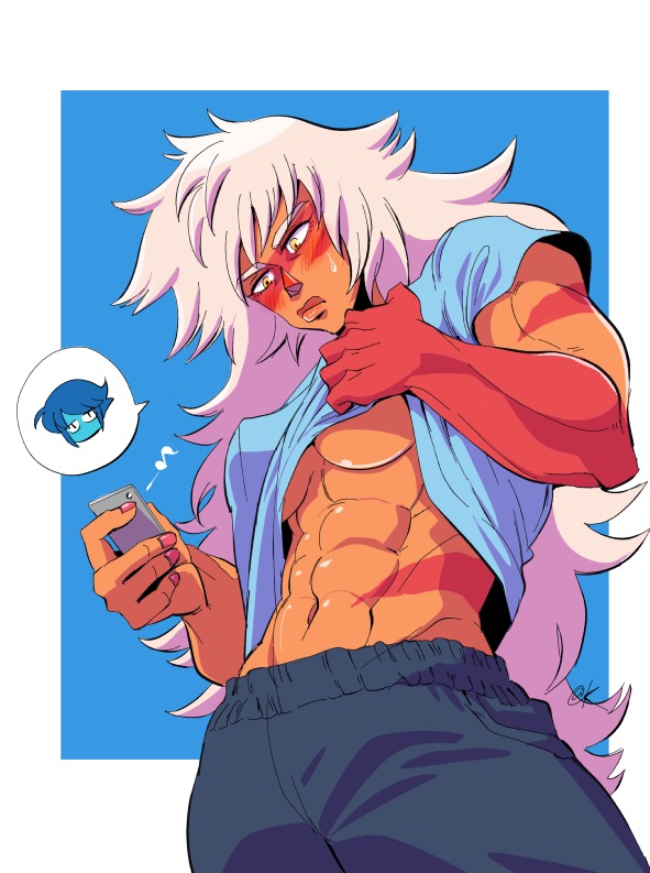 1girls, 2d, abs, aku2, belly, big breasts, blonde hair, blue background, blush, breasts, butch, cellphone, clothed, clothes, digital media, female, female only, gem (species), half-closed eyes, implied yuri, jasper (steven universe), lapis lazuli (steven universe), long hair, looking down, midriff, multiple females, multiple girls, muscular, muscular female, musical note, navel, no bra, orange skin, pants, phone, red skin, shirt, solo, source request, steven universe, sweat, text, thick thighs, underboob, watermark, white border, yellow eyes, yuri